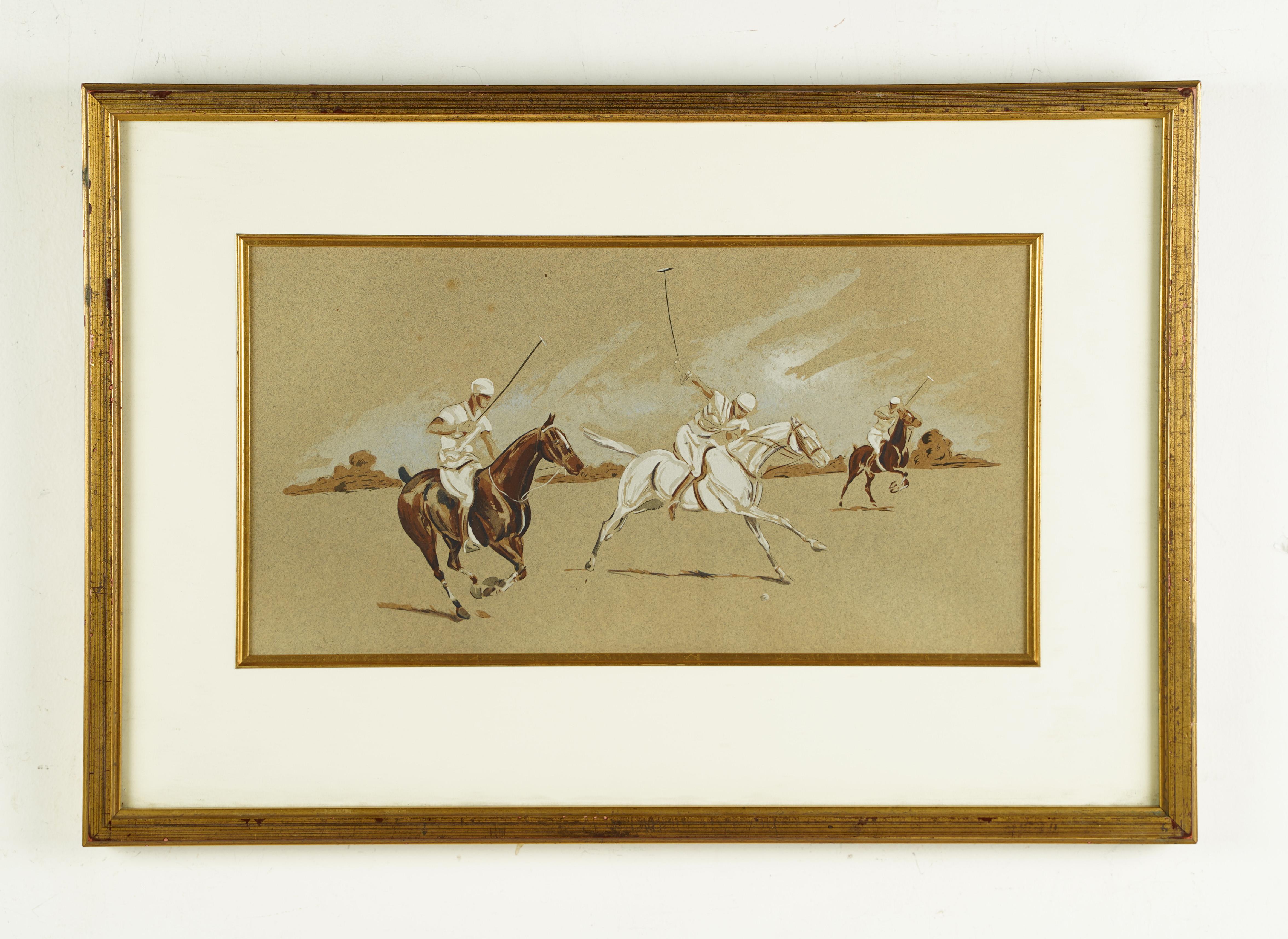 Antique American school original sporting art painting. Gouache on paper. Framed.  Image size, 16L x 9H.