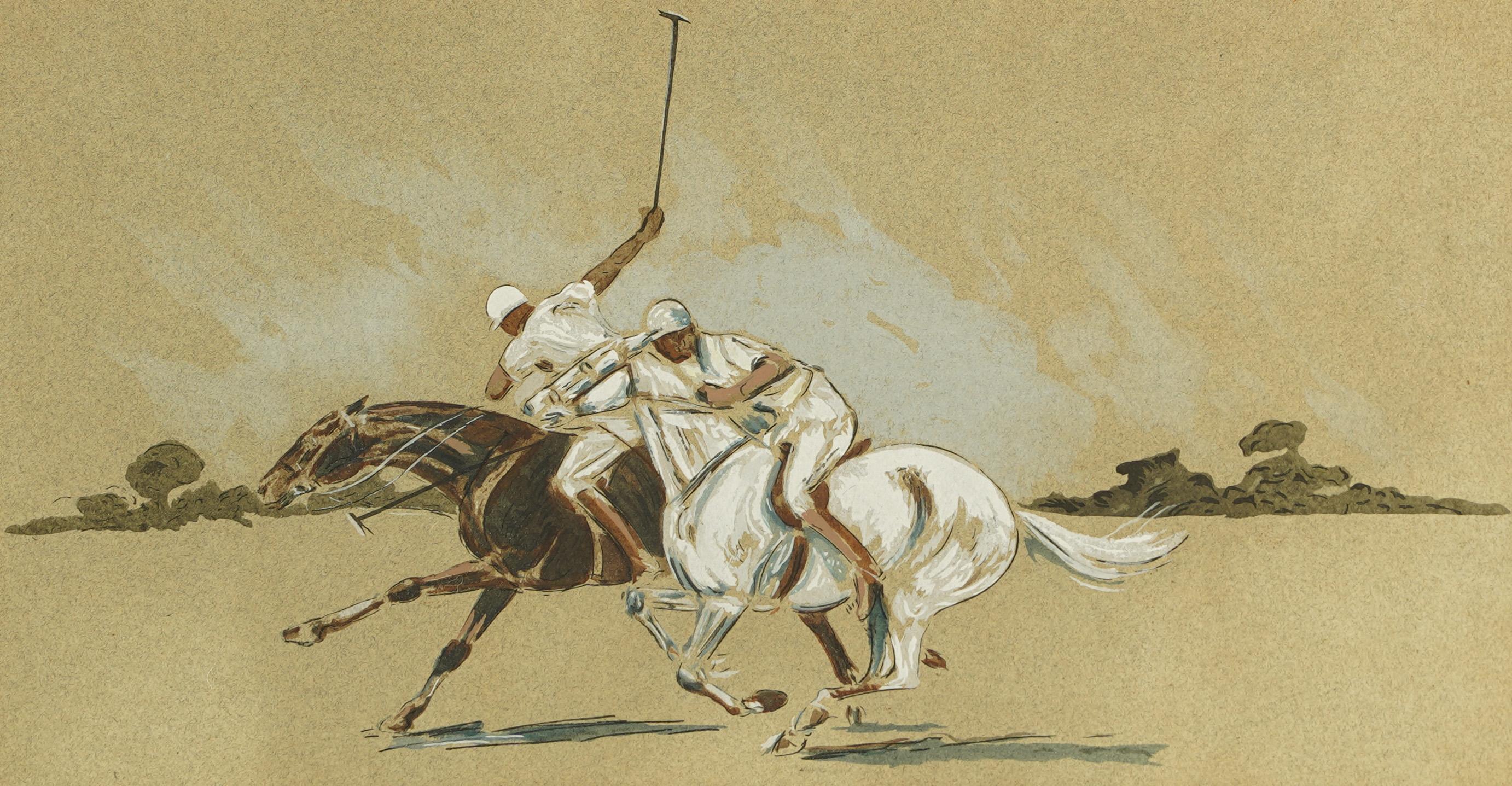 Antico dipinto artistico sportivo originale di scuola americana. Guazzo su carta. Incorniciato.  Dimensioni dell'immagine, 16L x 9H.