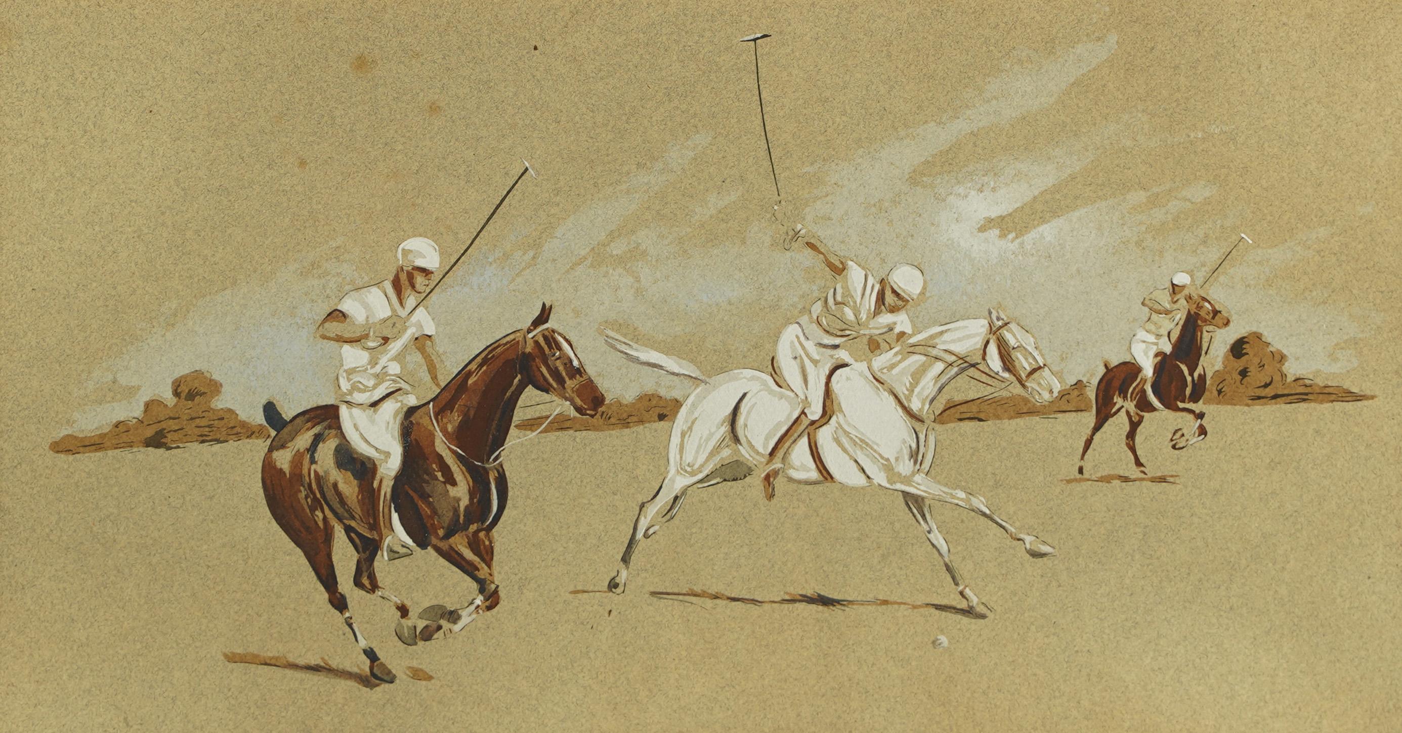 Antique American School Polo Players Horse Equine Landscape Original Painting 1