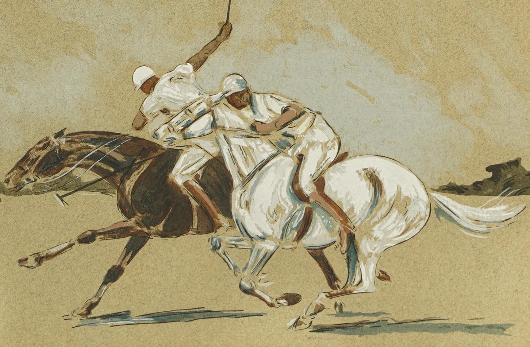 Antico dipinto originale di scuola americana con giocatori di polo, cavalli, equini e paesaggi 1