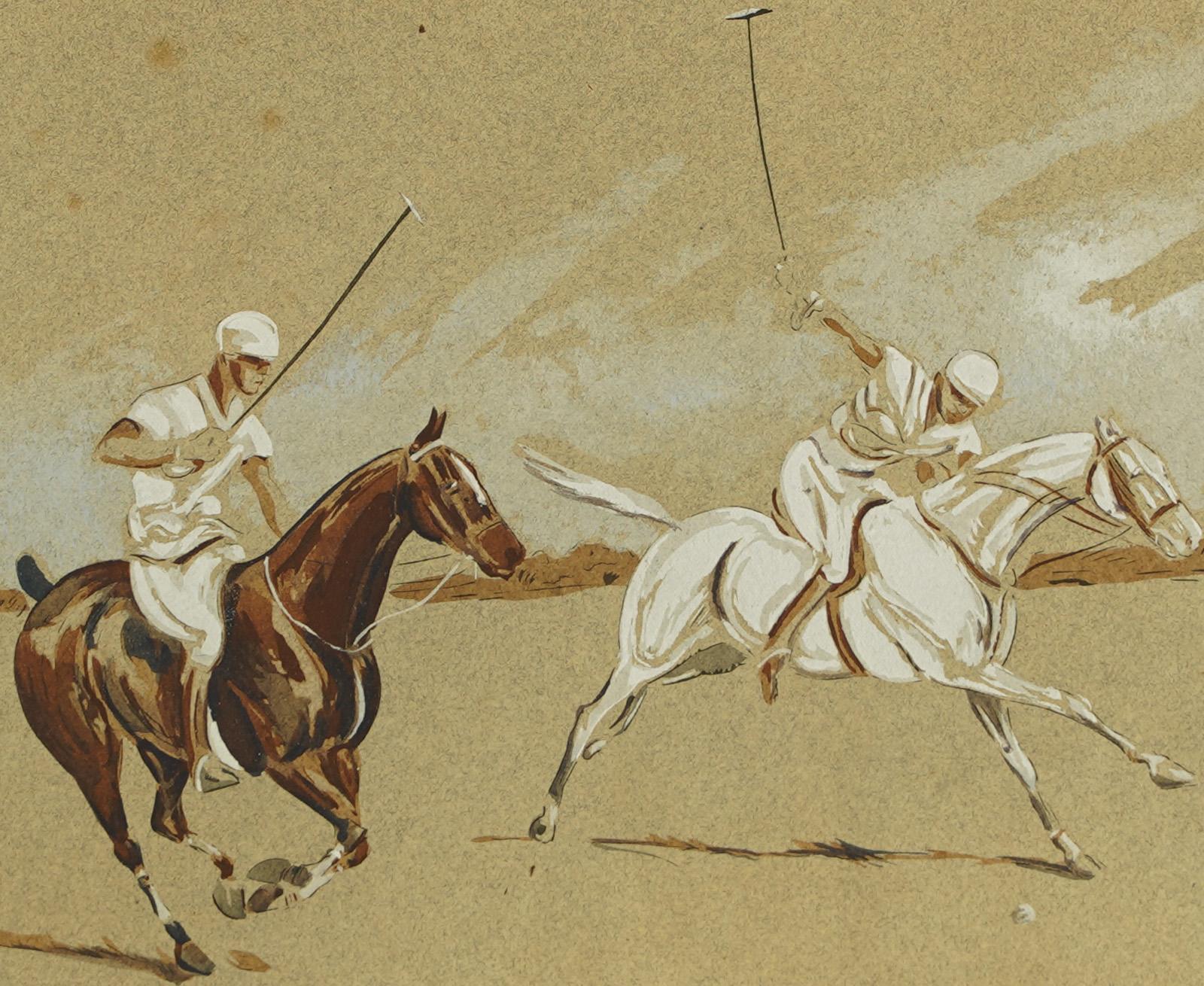 Antico dipinto originale di scuola americana con giocatori di polo, cavalli, equini e paesaggi 1