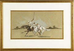  Antique American School Polo Players Horse Equine Landscape Original Painting
