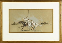 Ancienne peinture d'origine de l'école américaine de polo, paysage d'équitation avec chevaux
