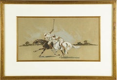  Ancienne peinture d'origine de l'école américaine de polo, paysage d'équitation avec chevaux