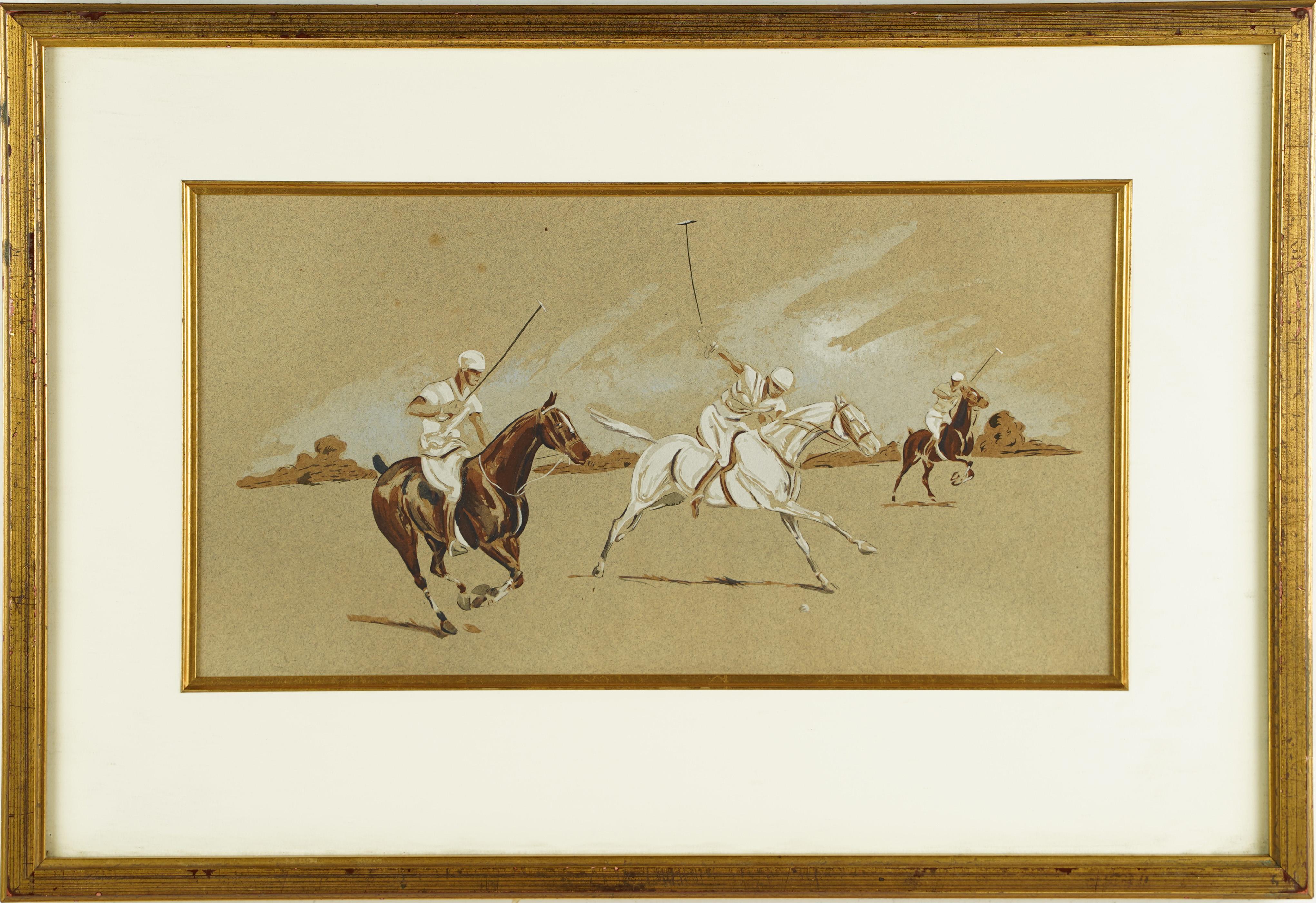Unknown Animal Painting - Antique American School Polo Players Horse Equine Landscape Original Painting