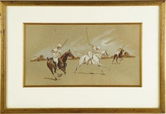 Antique American School Polo Players Horse Equine Landscape Original Painting