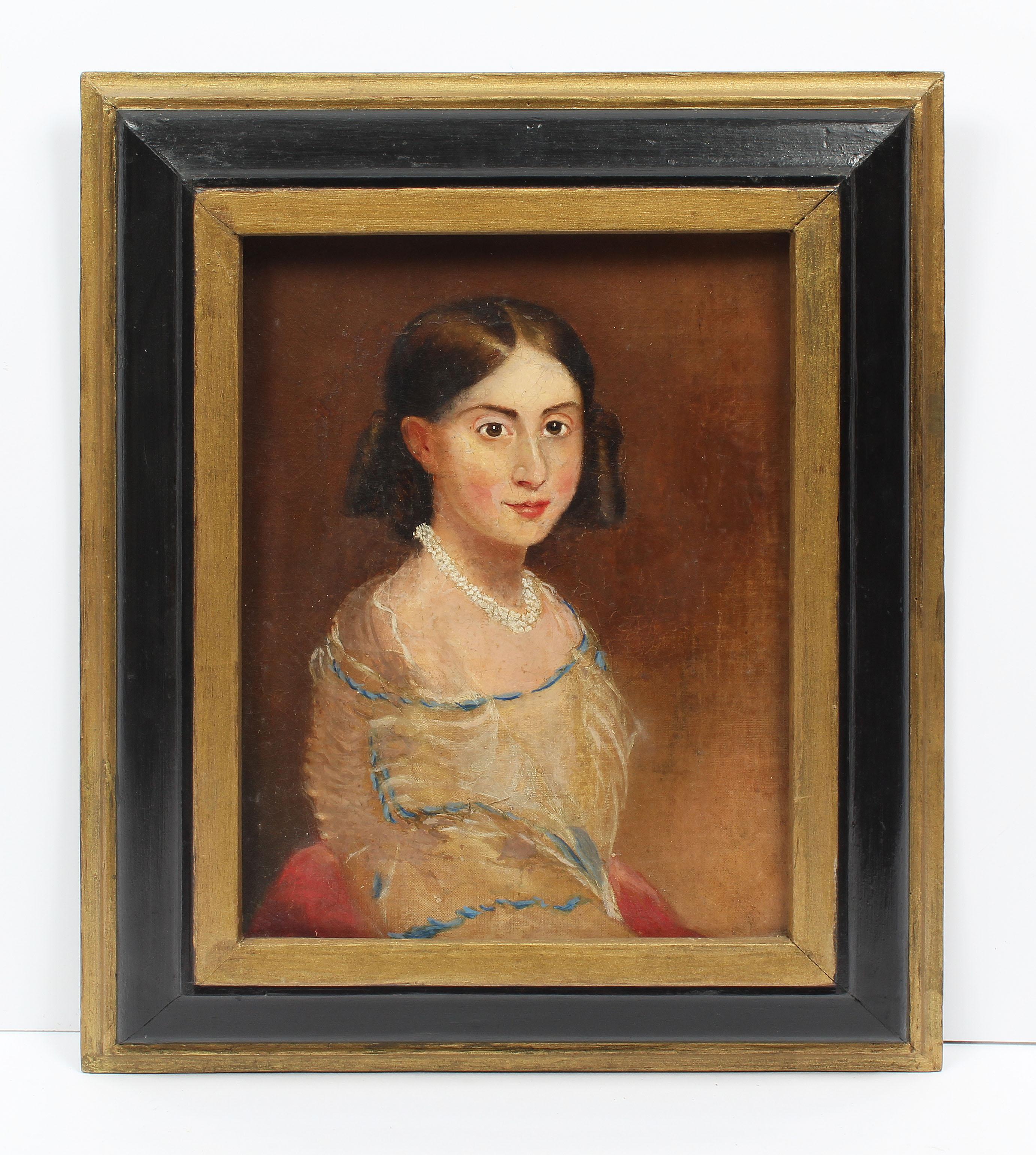 Unknown Portrait Painting - Antique American School Portrait of a Young Woman Orignal Oil Painting