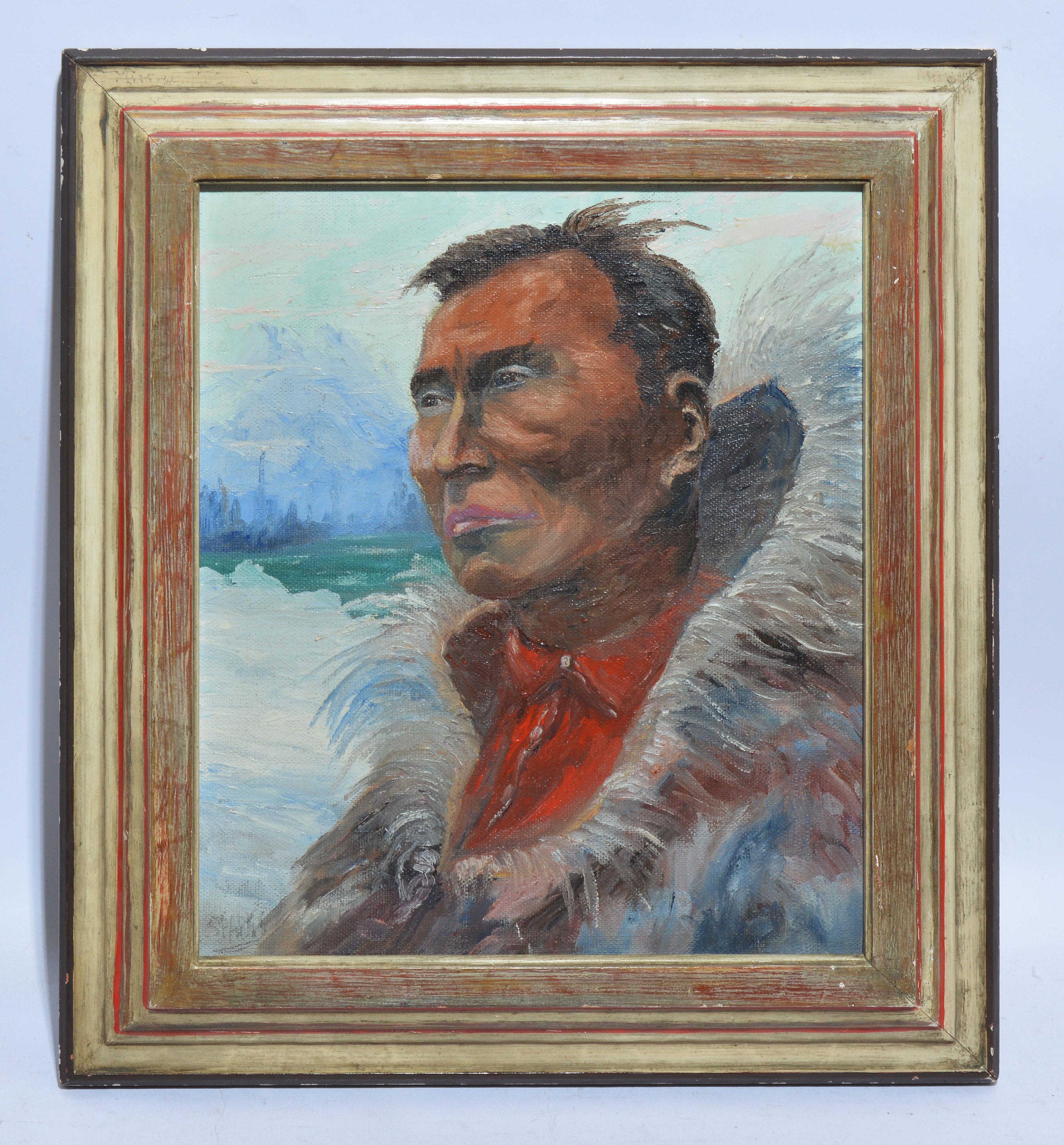 Antique American School Portrait of an Alaskan Native Signed Oil Painting - Gray Landscape Painting by Unknown