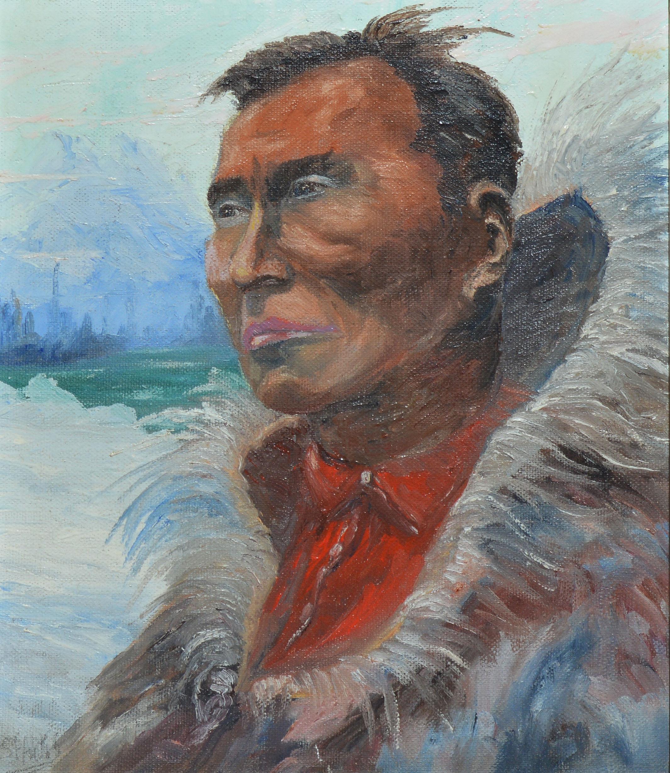 Antique American school portrait of an Alaskan native.  Oil on canvas, circa 1920.  Signed.  Displayed in a period silverwodo frame.  Image, 10