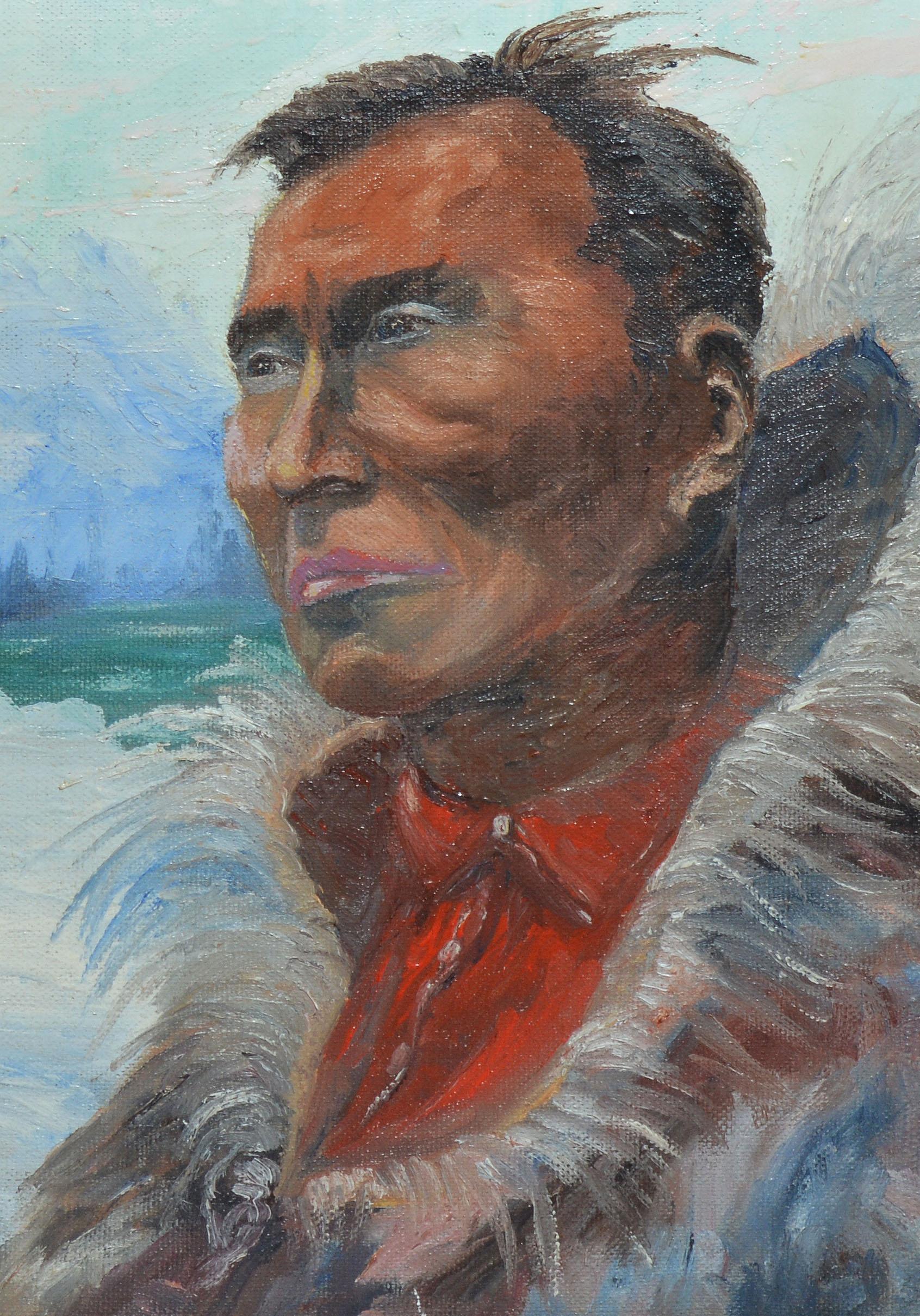 Antique American School Portrait of an Alaskan Native Signed Oil Painting 1