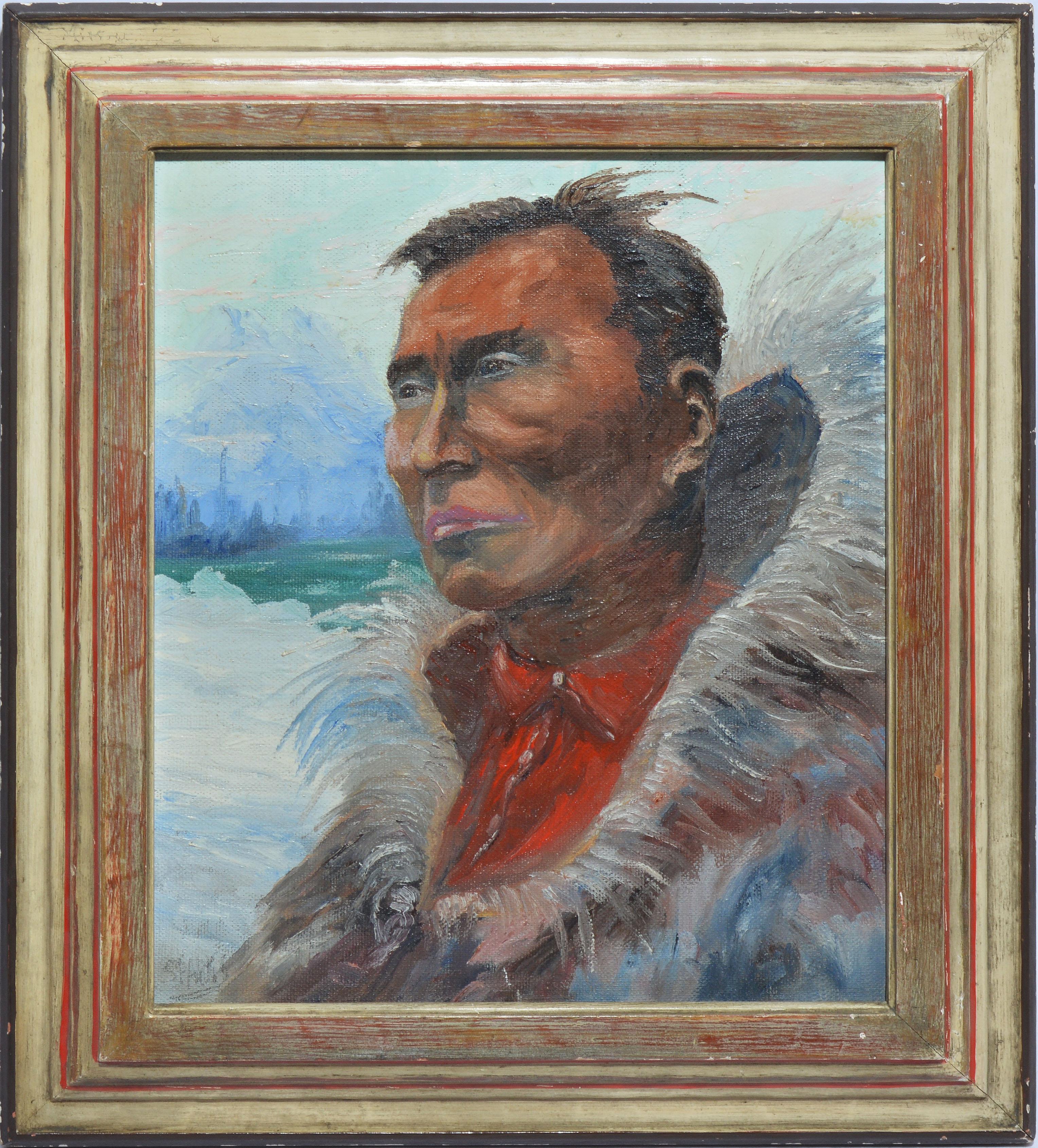 Unknown Landscape Painting - Antique American School Portrait of an Alaskan Native Signed Oil Painting