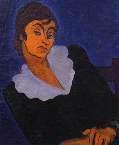 Antique American School Post Impressionist Modern Portrait Framed Oil Painting