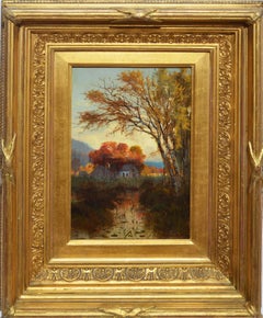 Antique American School Pre-Raphaelite Sunlit Landscape Oil Painting 