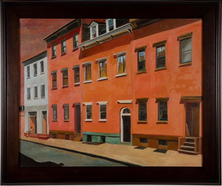 Antique American School Precisionist Cityscape Row House Street Oil Painting - Black Landscape Painting by Unknown