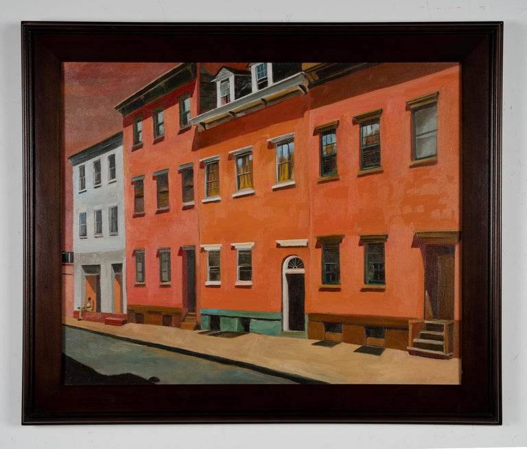 Vintage American modernist cityscape oil painting.  Oil on canvas, circa 1940.  Signed.  Framed.  Image size, 30