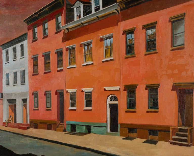 Antique American School Precisionist Cityscape Row House Street Oil Painting For Sale 1
