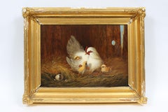 Antique American School Realist 19th Century Chicken Barn Animal Oil Painting