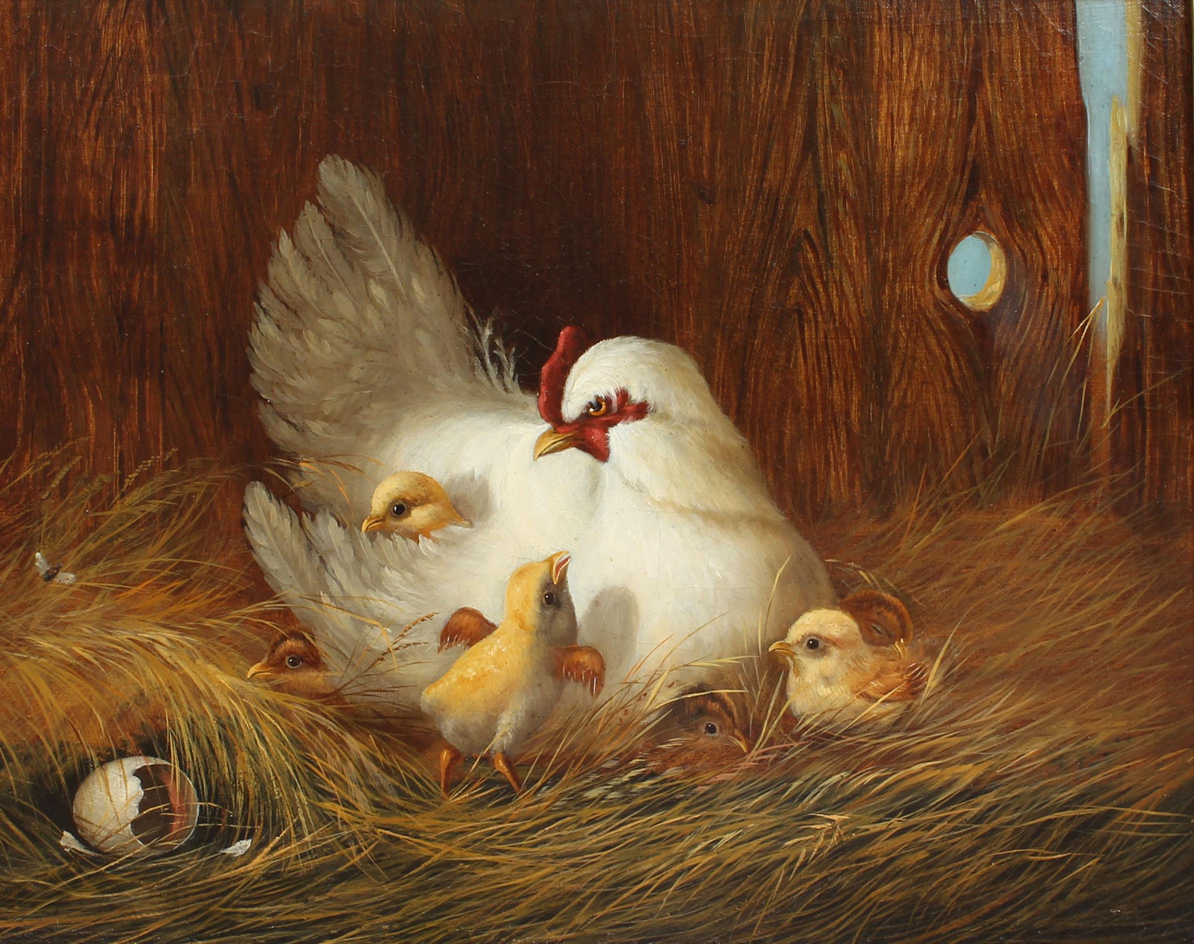 Antique American School Realist 19th Century Chicken Barn Animal Oil Painting - Brown Animal Painting by Unknown