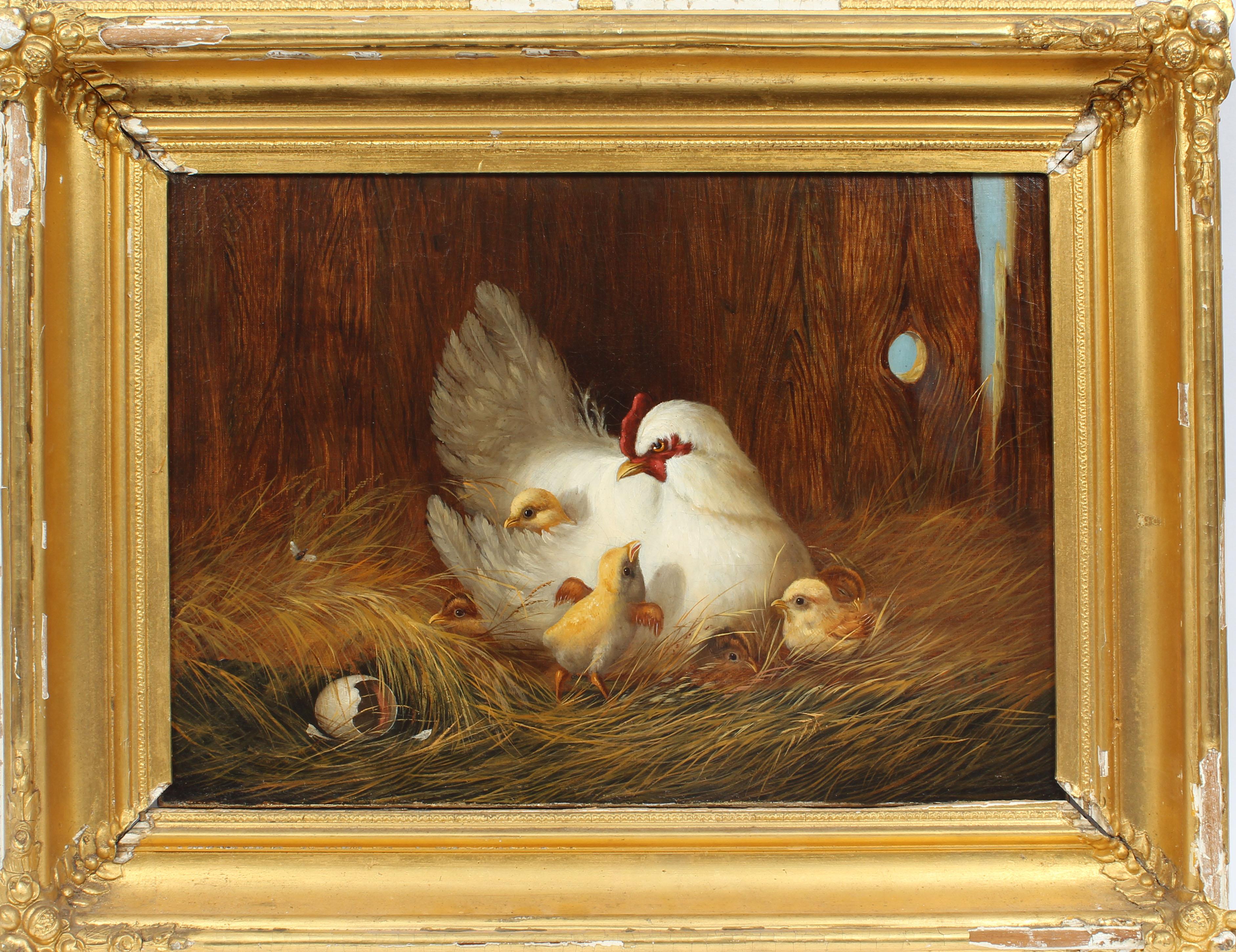 Antique American School Realist 19th Century Chicken Barn Animal Oil Painting
