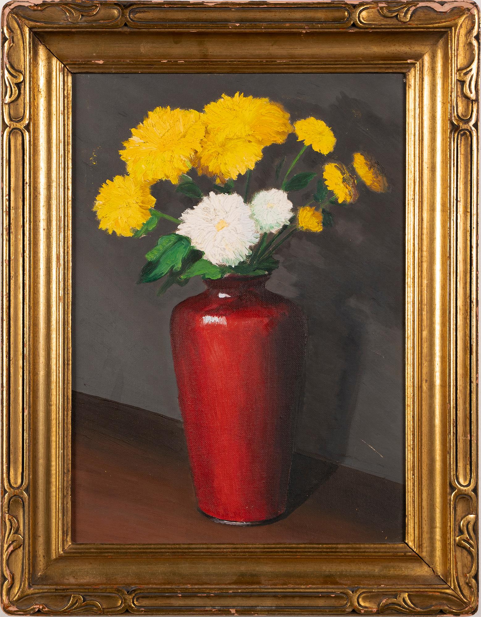 Antique American School Realist Flower Still Life Original Framed Oil Painting - Brown Interior Painting by Unknown
