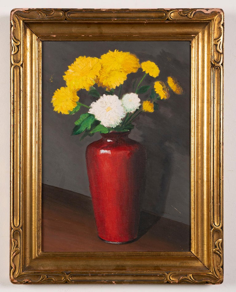 Antique American realist flower still life oil painting.  Oil on board, circa 1900.  Unsigned.  Image size, 10L x 14H.  Housed in a period giltwood frame.