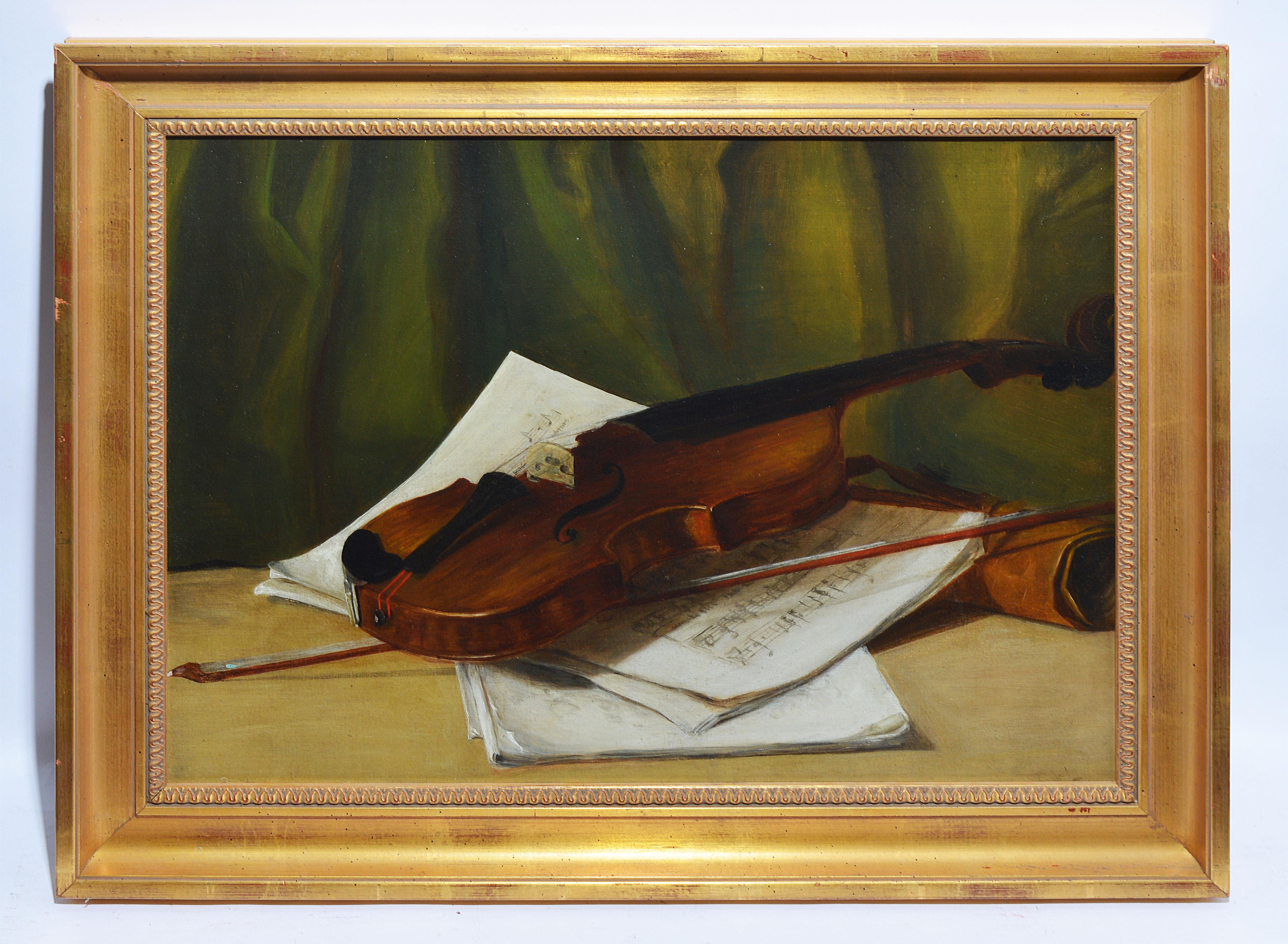 Antique American School Realist Violin Still Life Oil Painting - Brown Still-Life Painting by Unknown