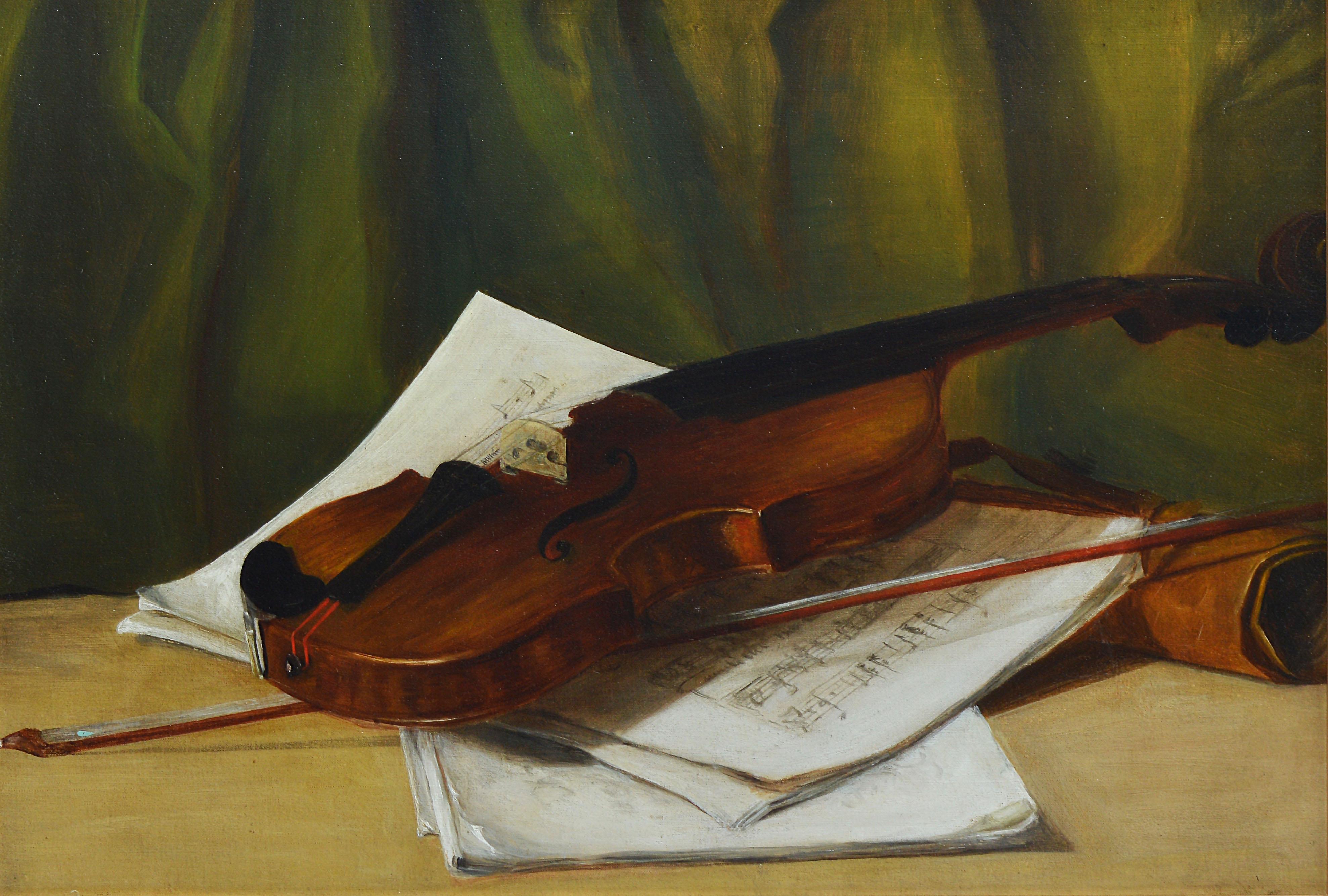 Antique American school still life of a violin.  Oil on canvas, circa 1880.  Unsigned.  Displayed in a giltwood frame.  Image, 18