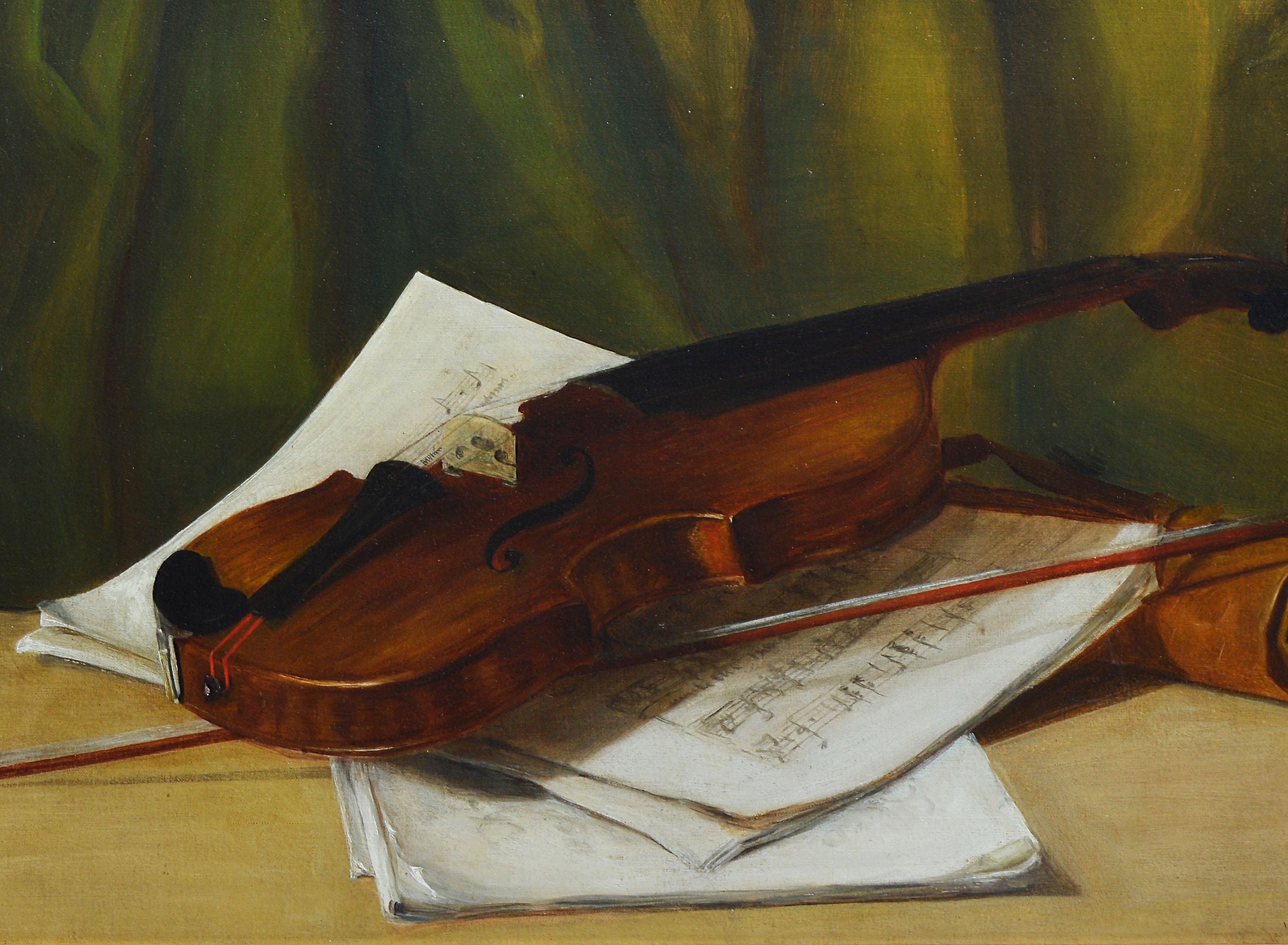 Antique American School Realist Violin Still Life Oil Painting 1