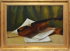 Antique American School Realist Violin Still Life Oil Painting