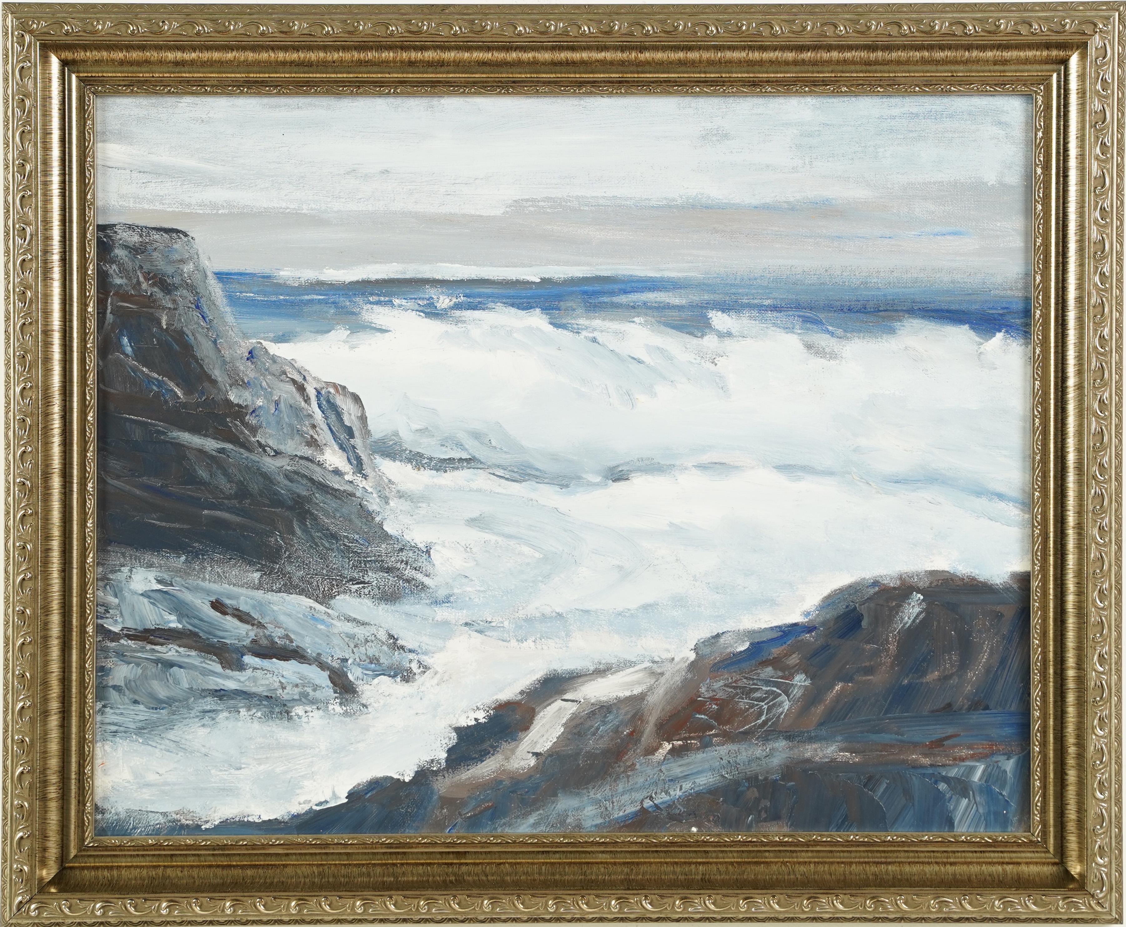  Antique American School Rough Surf Coastal Seascape Beach Framed Oil Painting - Gray Landscape Painting by Unknown