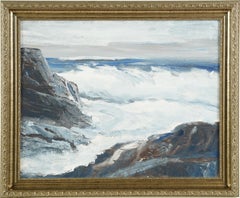  Peinture à l'huile ancienne encadrée d'un paysage marin côtier de surf, école américaine