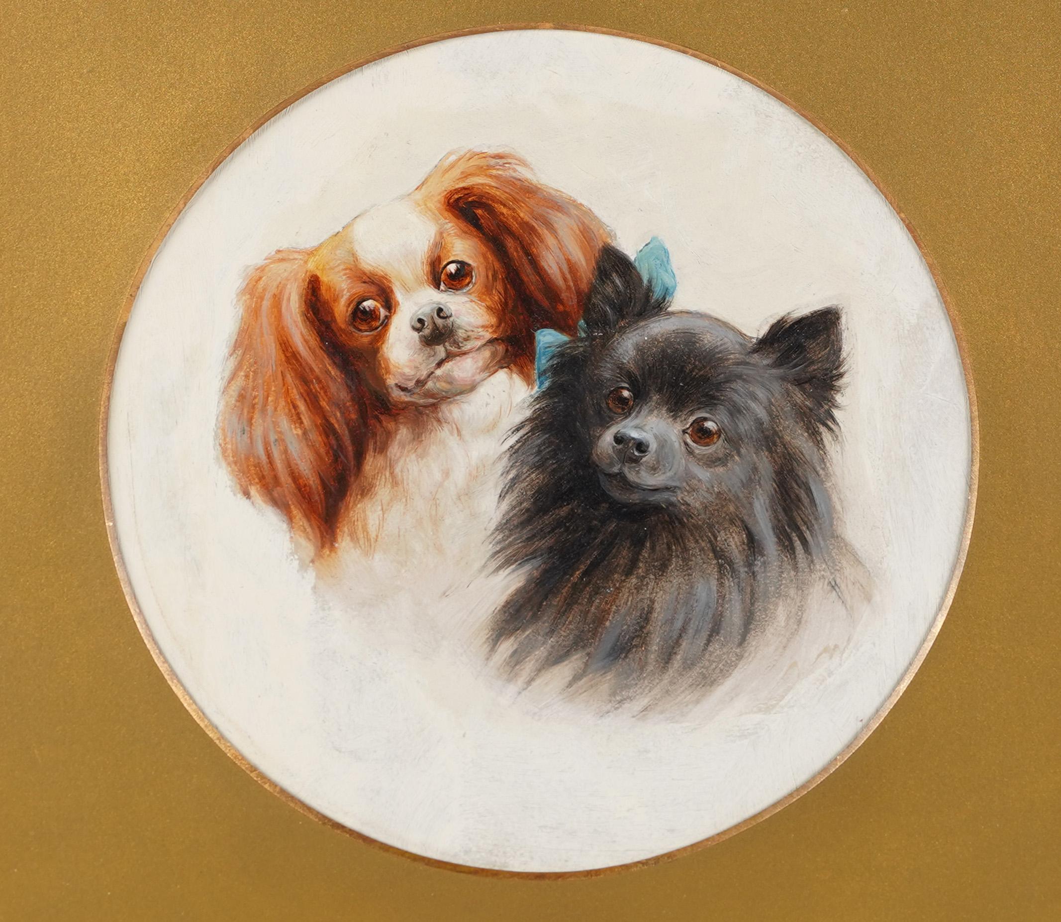  Antique American School Show Dog Portrait Framed 19th Century Oil Painting - Brown Interior Painting by Unknown