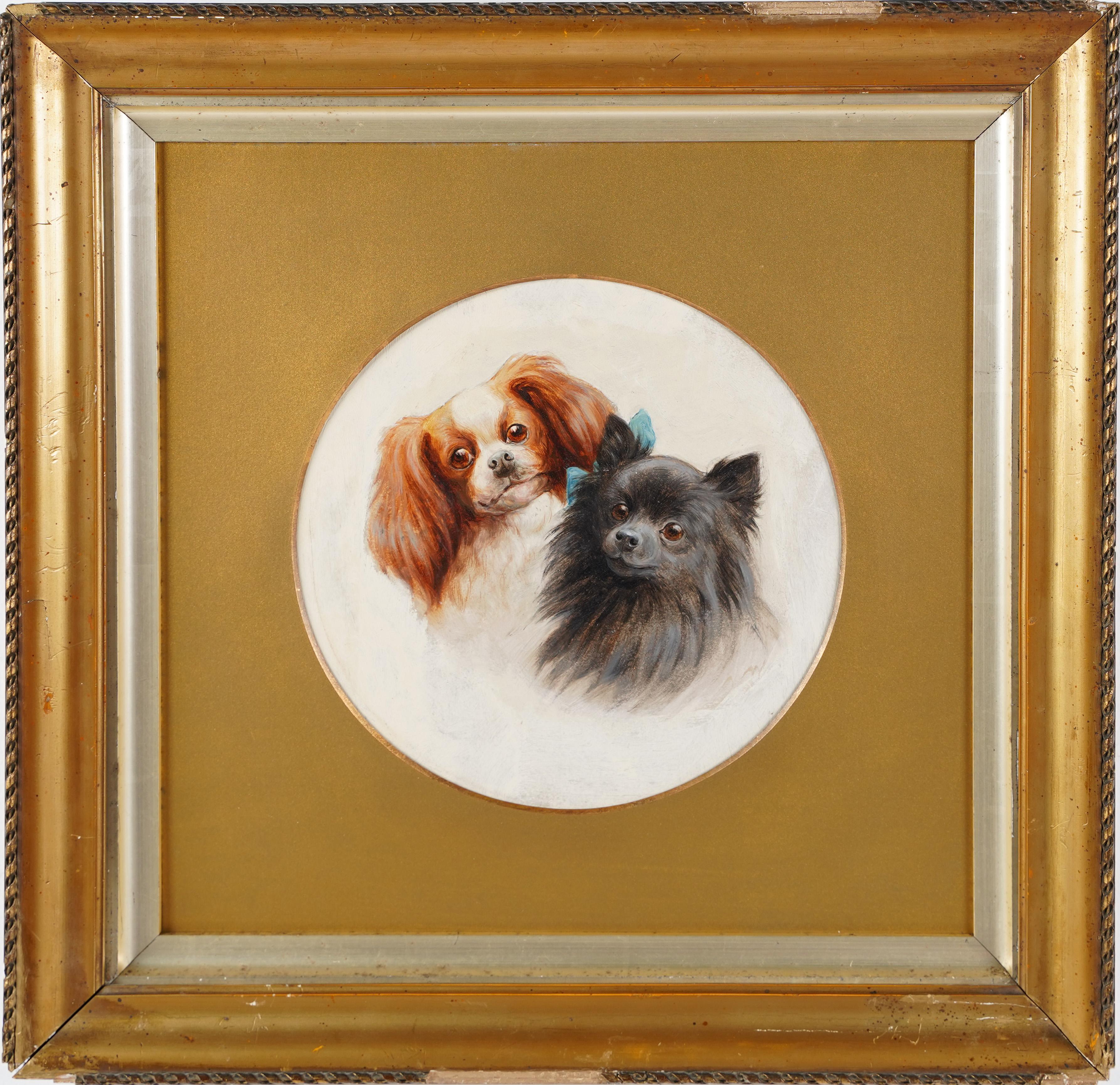 Unknown Interior Painting -  Antique American School Show Dog Portrait Framed 19th Century Oil Painting