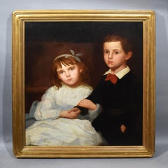 Antique American School Sibling Portrait Classic Americana Folk Art Oil Painting