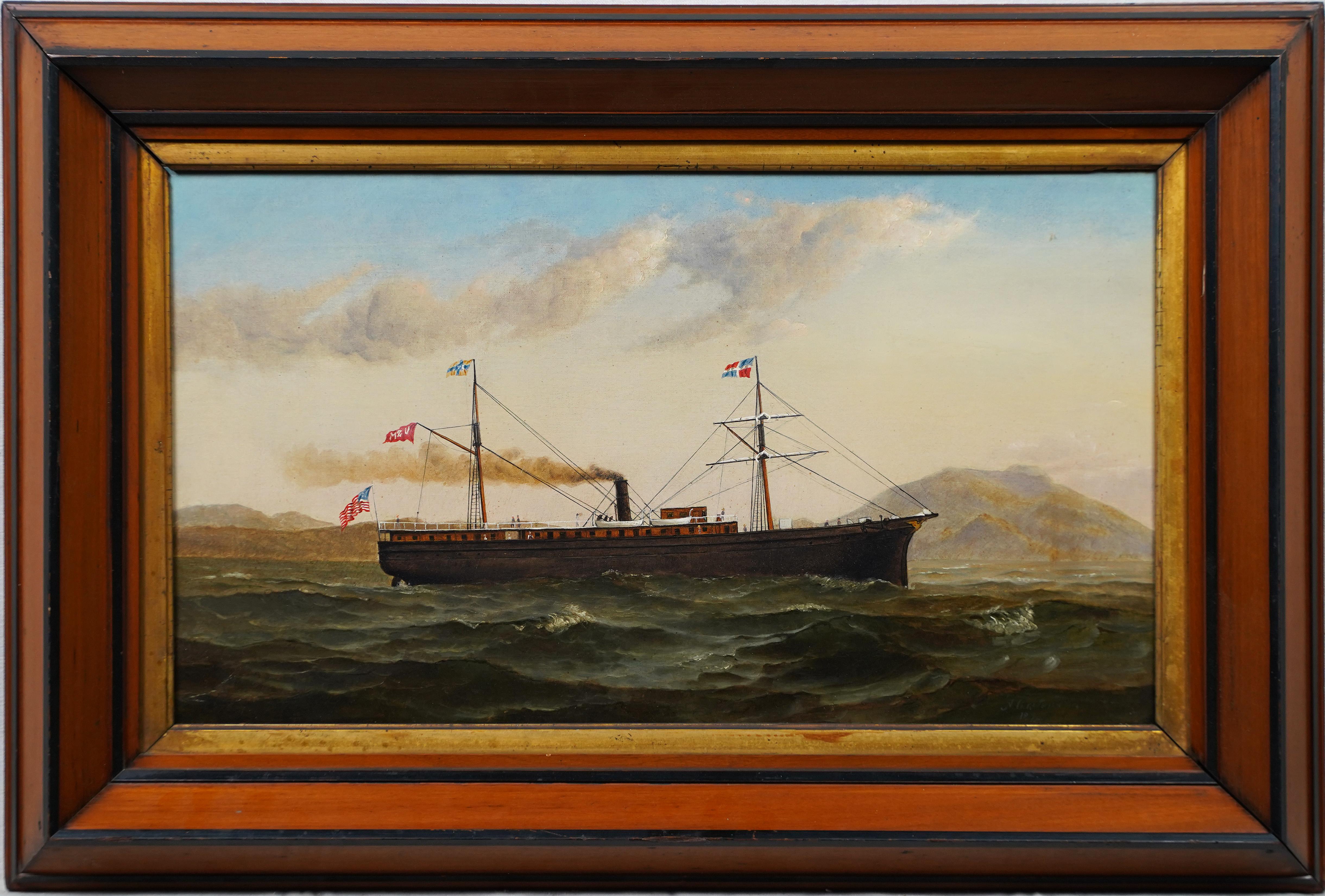 Antique American nautical ship oil painting.  Oil on canvas.  Signed.  Framed.  