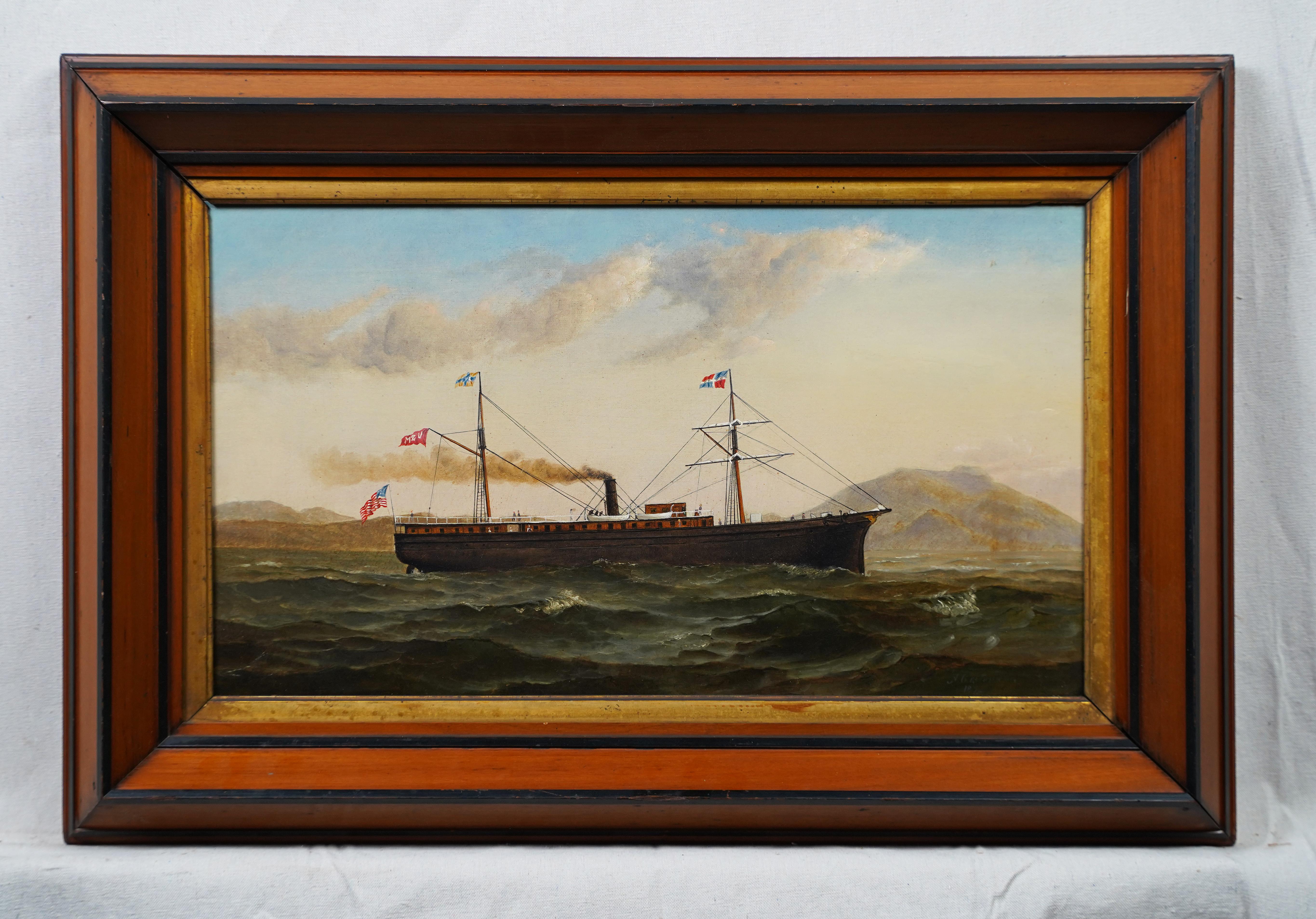 Antique American School Signed 19th Century Nautical Seascape Framed Painting For Sale 1