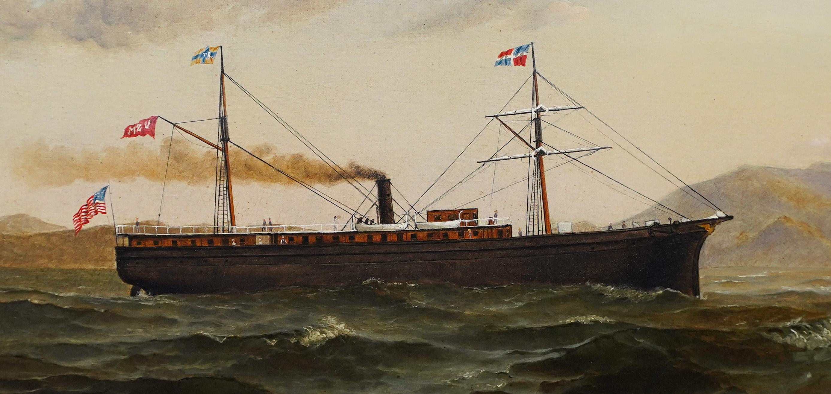 Antico dipinto di scuola americana del XIX secolo con cornice e firma Nautical Seascape in vendita 1