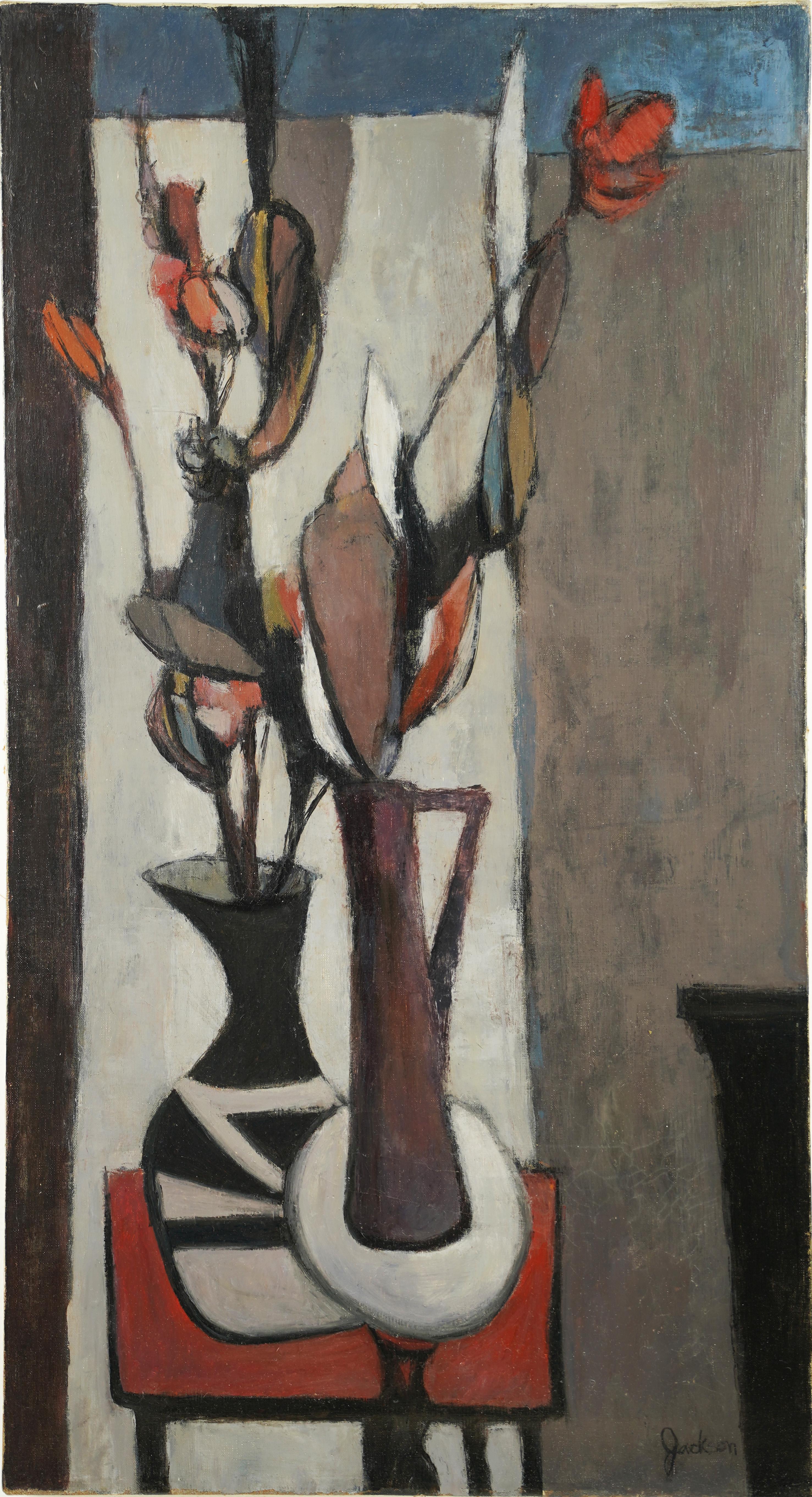 Ancienne peinture à l'huile de nature morte à la fleur cubiste moderne signée de l'école américaine - Painting de Unknown