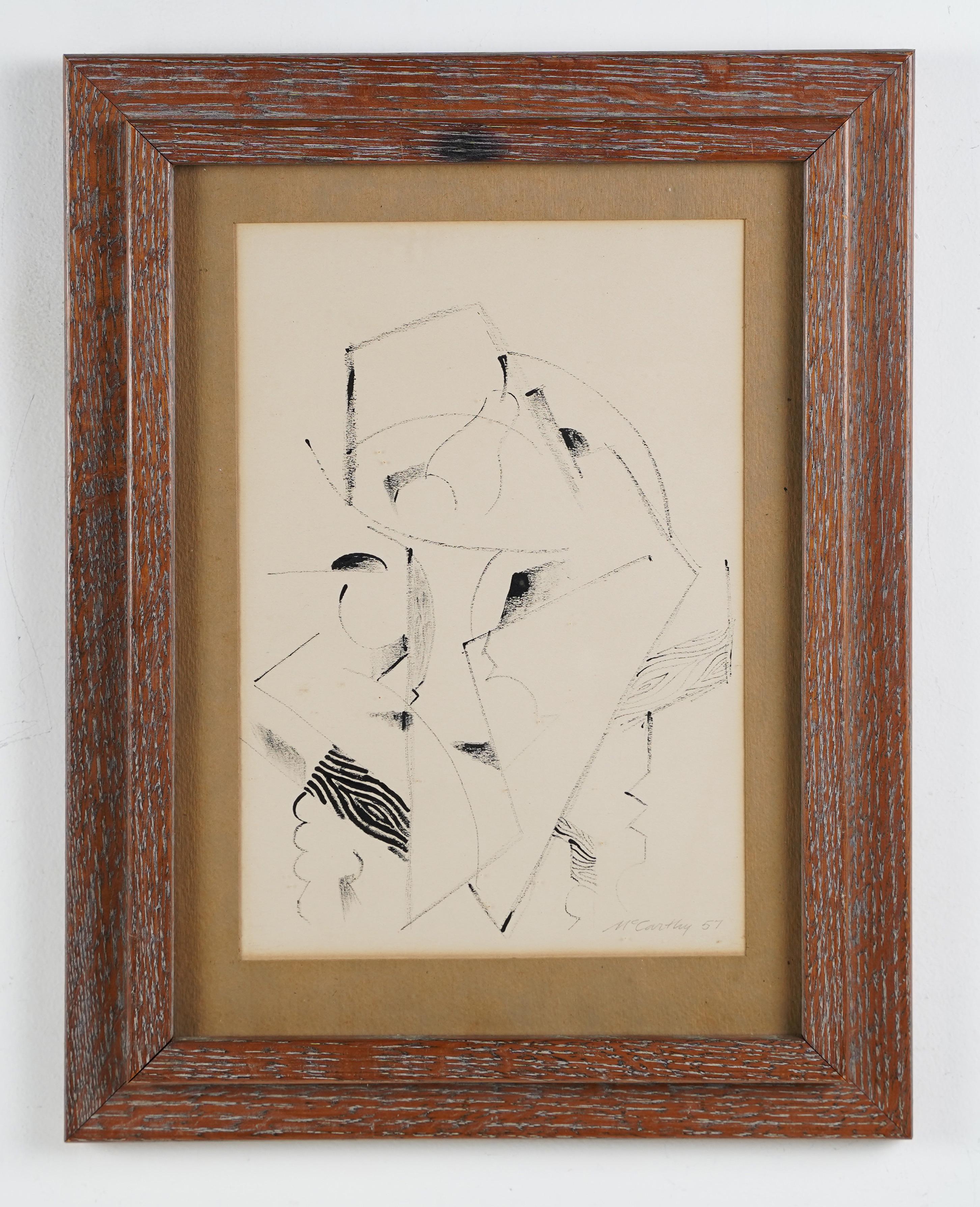 Antique American School Signed Ed McCarthy Cubist Abstract India Ink Framed Work - Painting by Unknown