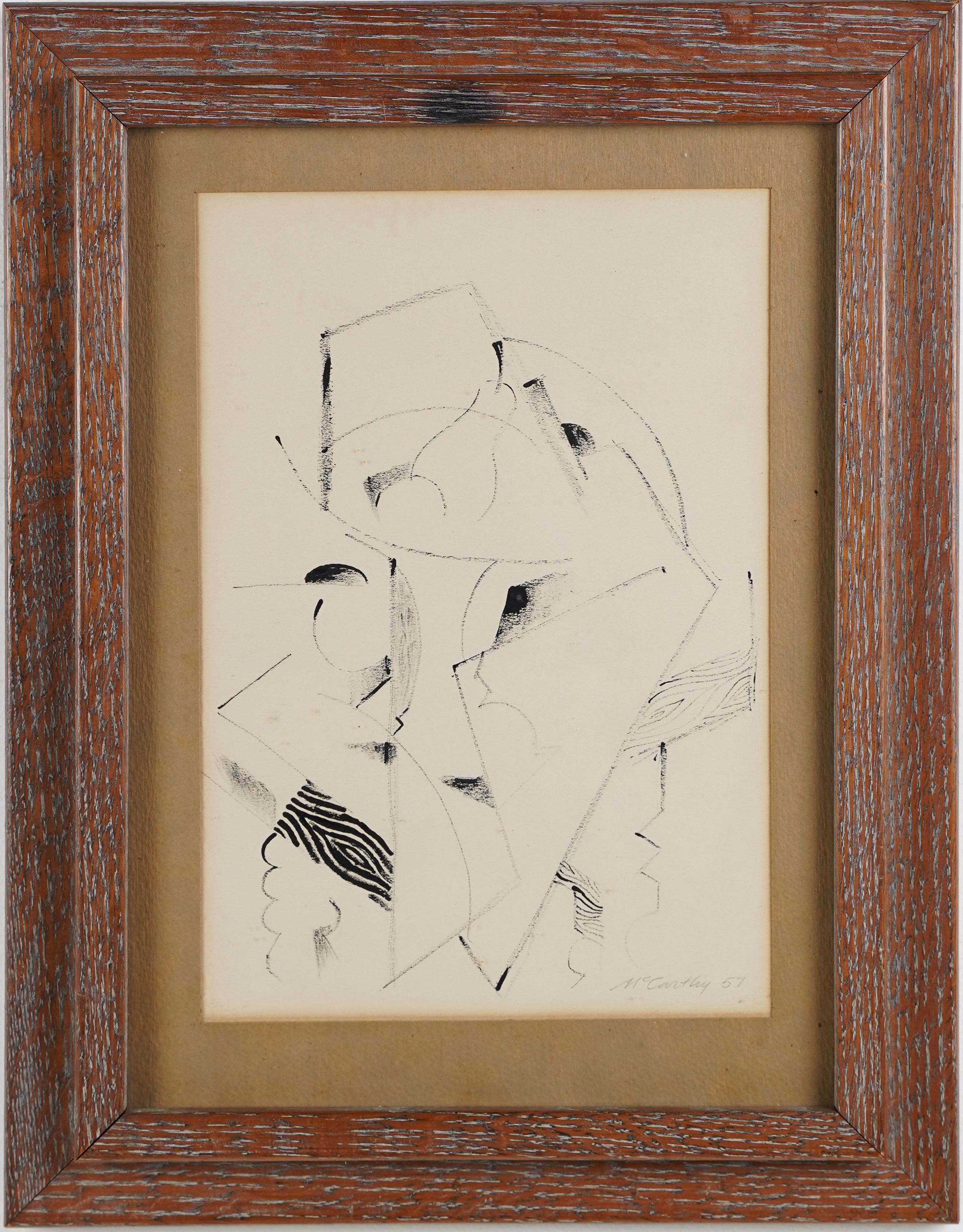 Unknown Abstract Painting - Antique American School Signed Ed McCarthy Cubist Abstract India Ink Framed Work
