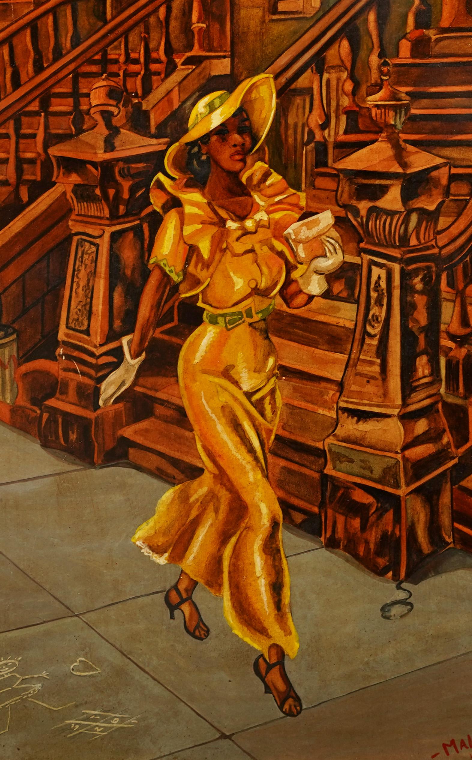  Antique American School Signed Framed Black Woman Street Scene Oil Painting 3