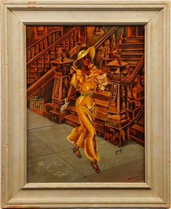 Peinture à l'huile ancienne d'une scène de rue encadrée représentant une femme noire, école américaine, signée