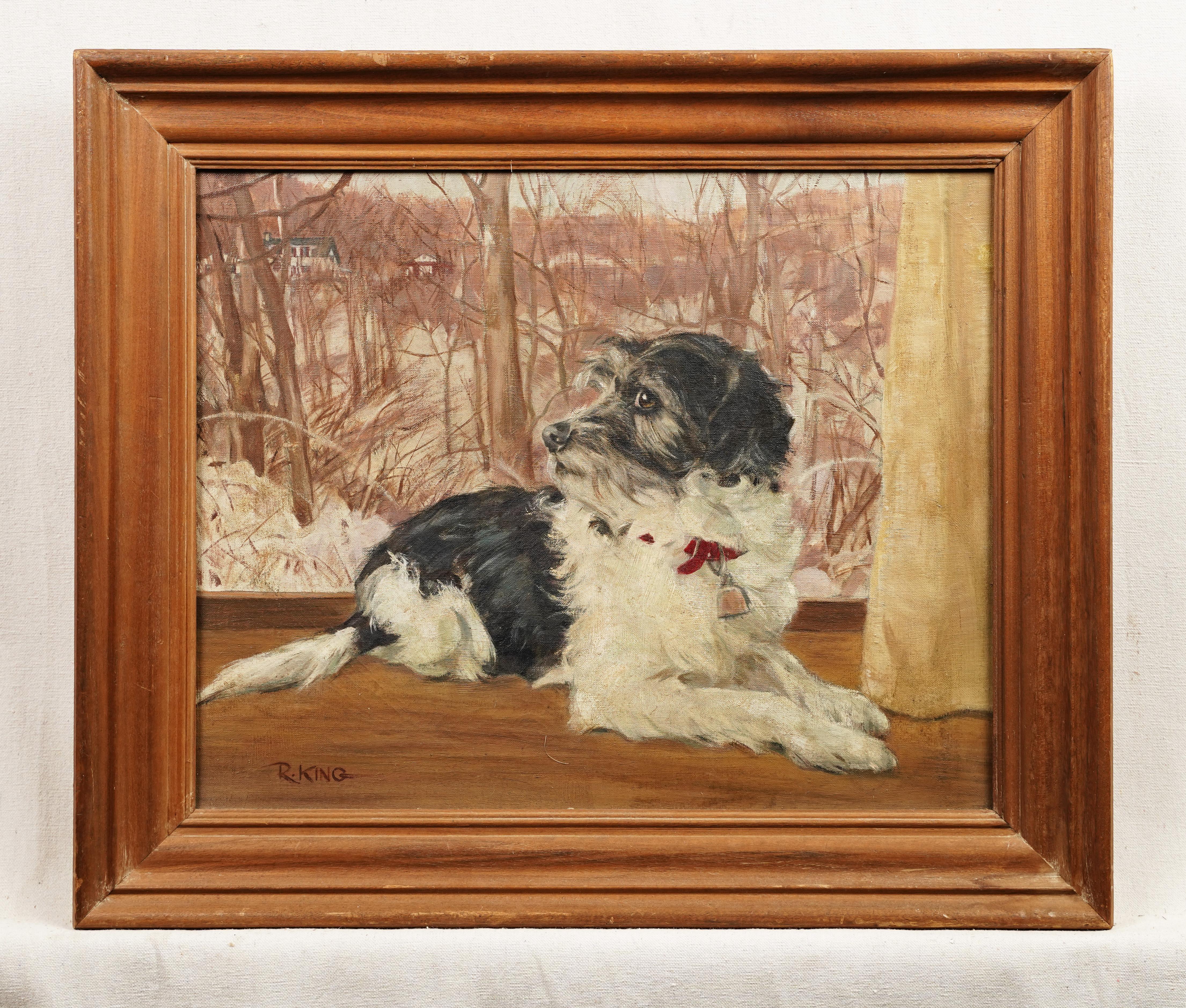  Antique American School Signed Framed Dog Terrier Animal Portrait Oil Painting - Brown Interior Painting by Unknown