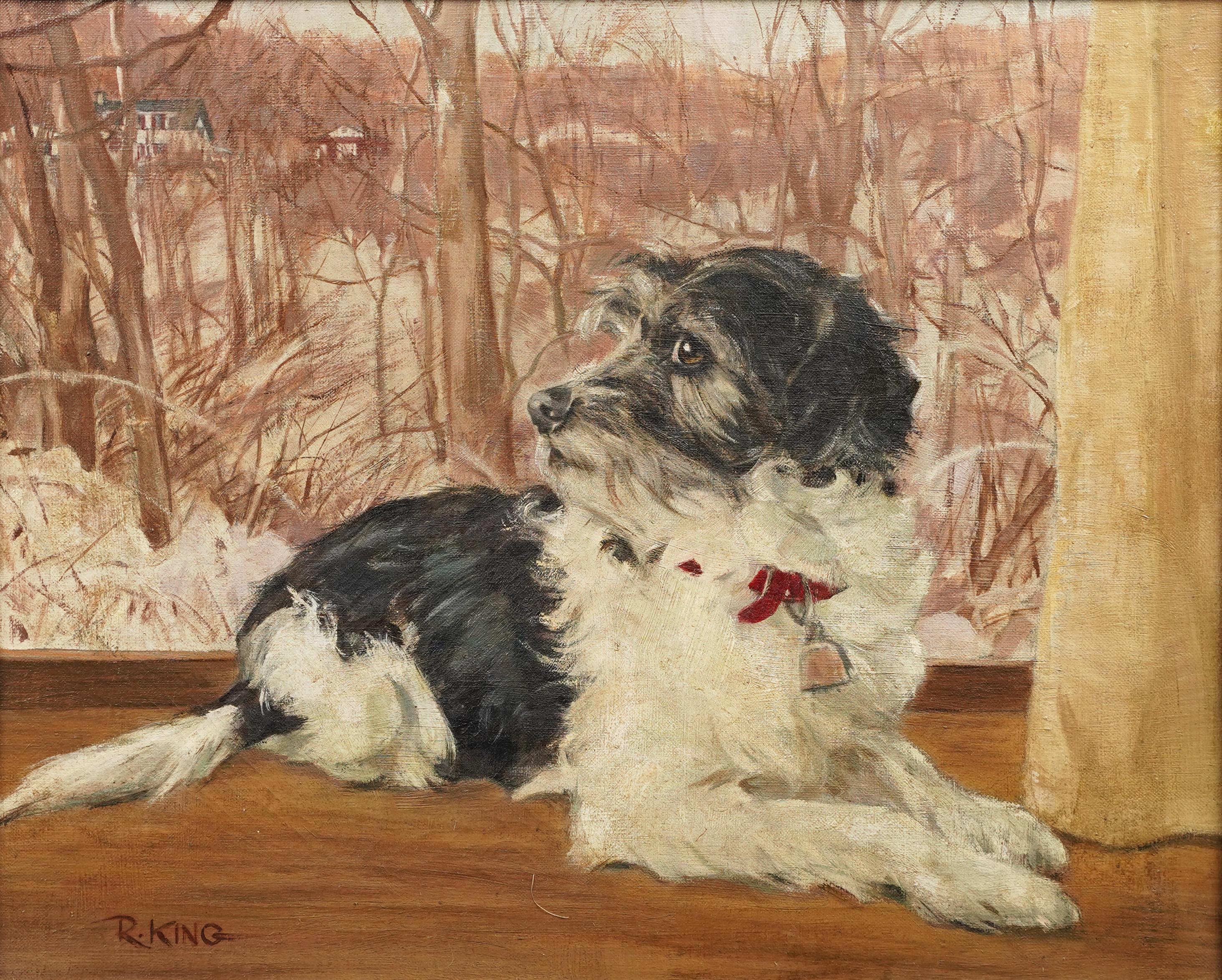  Antique American School Signed Framed Dog Terrier Animal Portrait Oil Painting For Sale 1