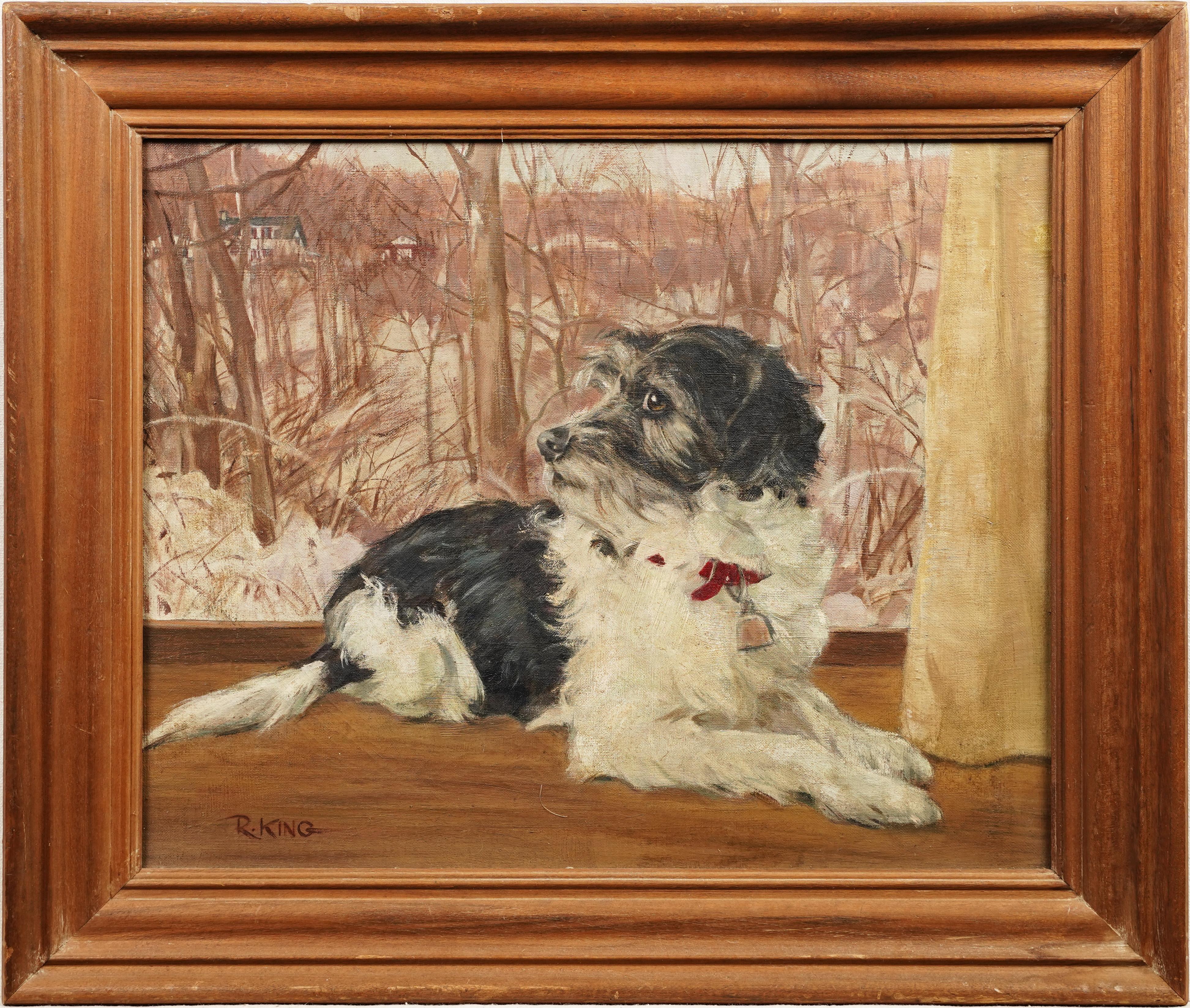  Peinture à l'huile ancienne d'un portrait d'animal avec chien et terrier encadré, signée par une école américaine