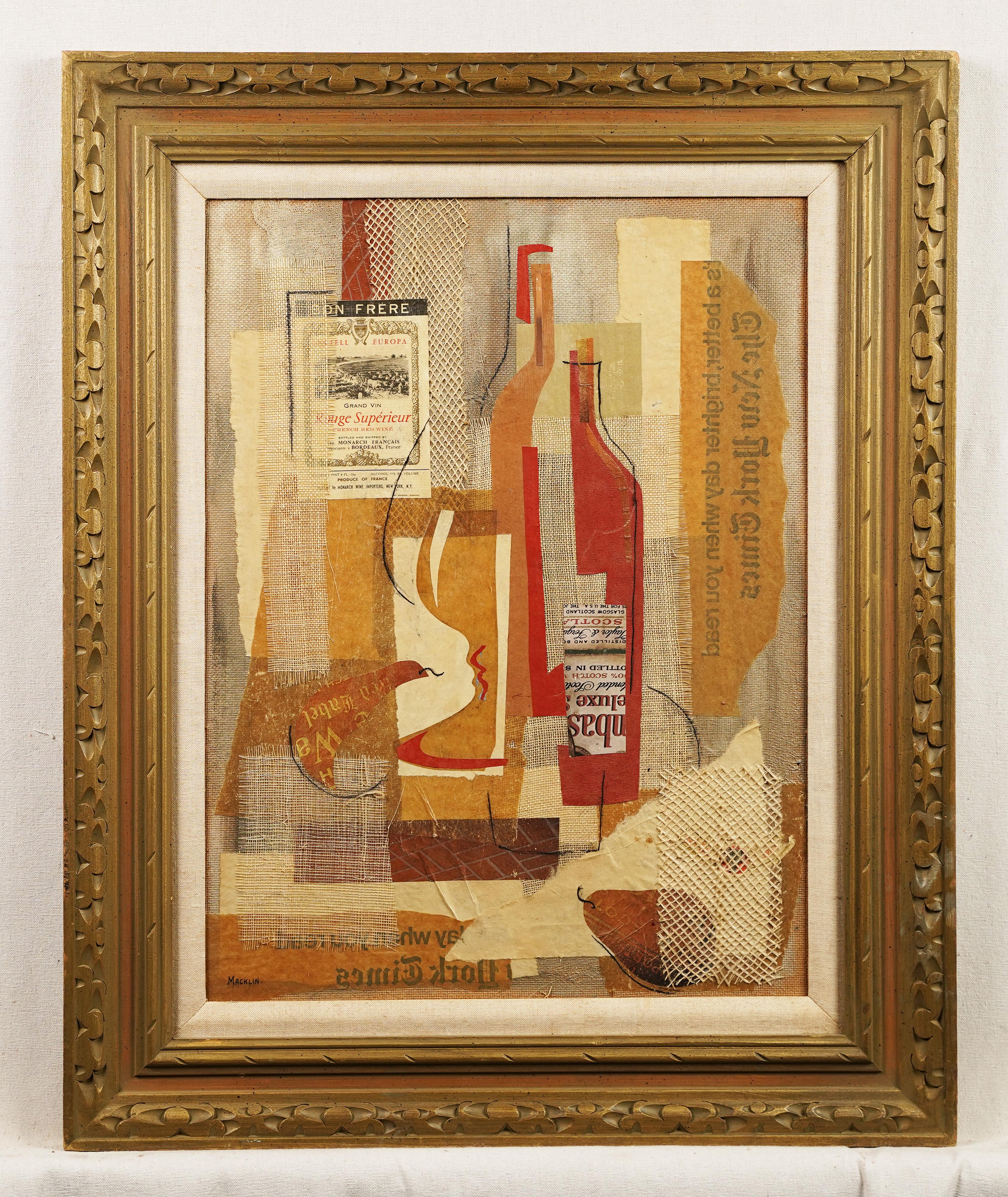 Antique American School Signed Framed Exhibited Cubist Still Life Oil Painting - Brown Abstract Painting by Unknown