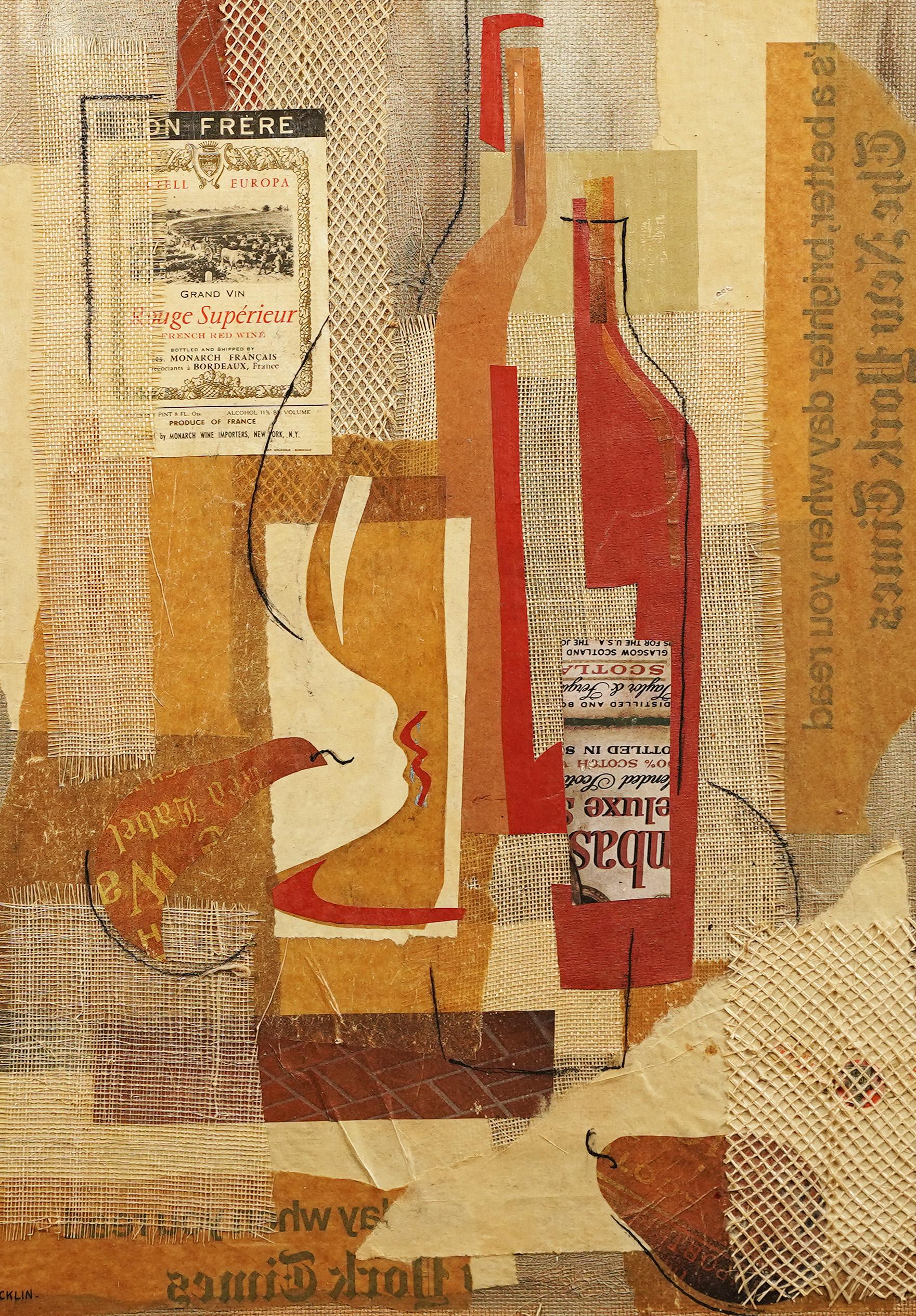 Vintage école américaine signé moderniste cubiste nature morte peinture à l'huile et collage.  Huile et techniques mixtes sur carton.  Signé.  Encadré.  Taille de l'image : 18L x 24H.