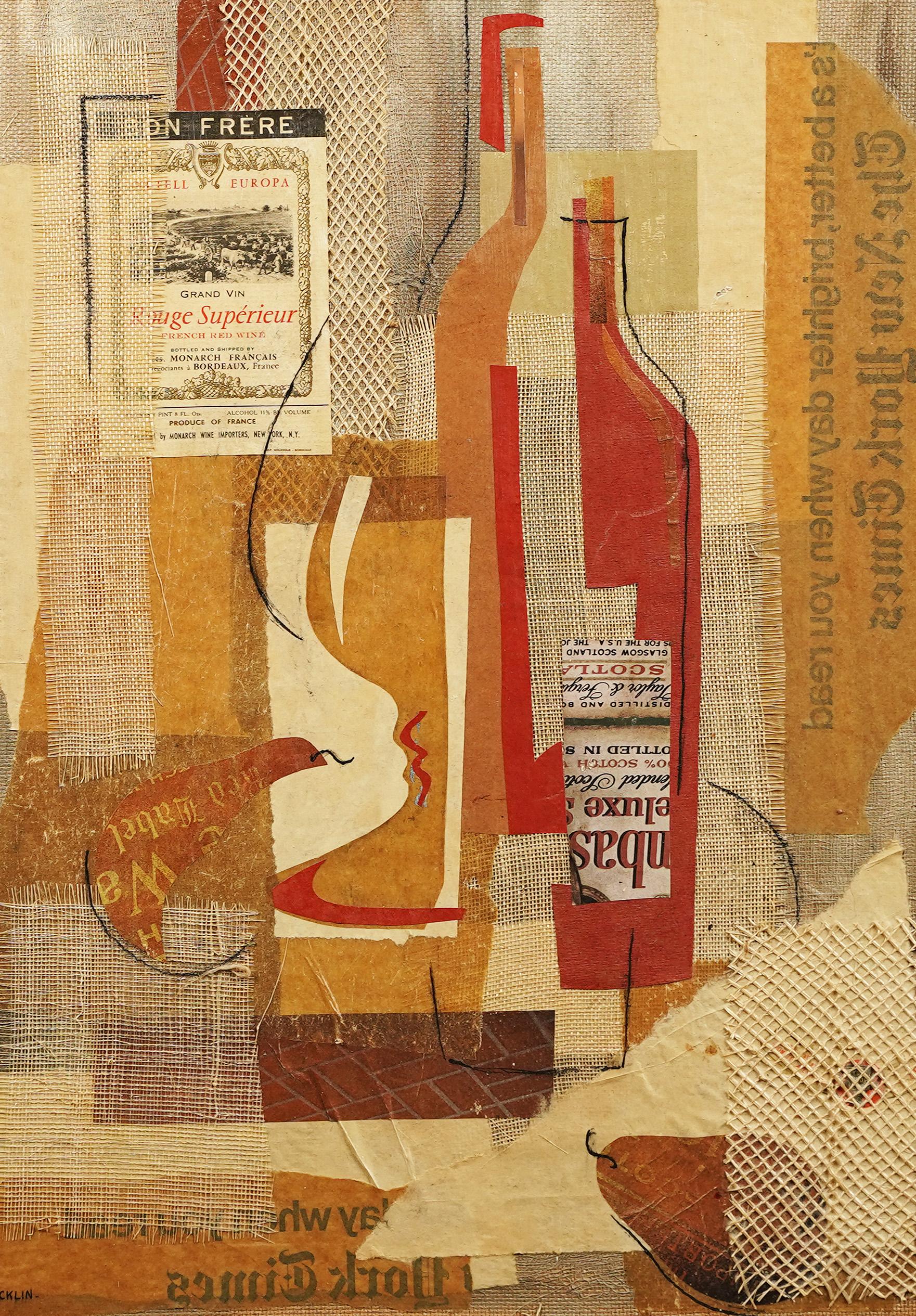 Bodegón cubista al óleo y collage cubista vintage firmado por la escuela americana.  Óleo y técnica mixta sobre tabla.  Firmado.  Enmarcado.  Tamaño de la imagen, 18L x 24H.