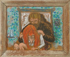 Antico dipinto ad olio modernista "Massaggio" di scuola americana con cornice firmata