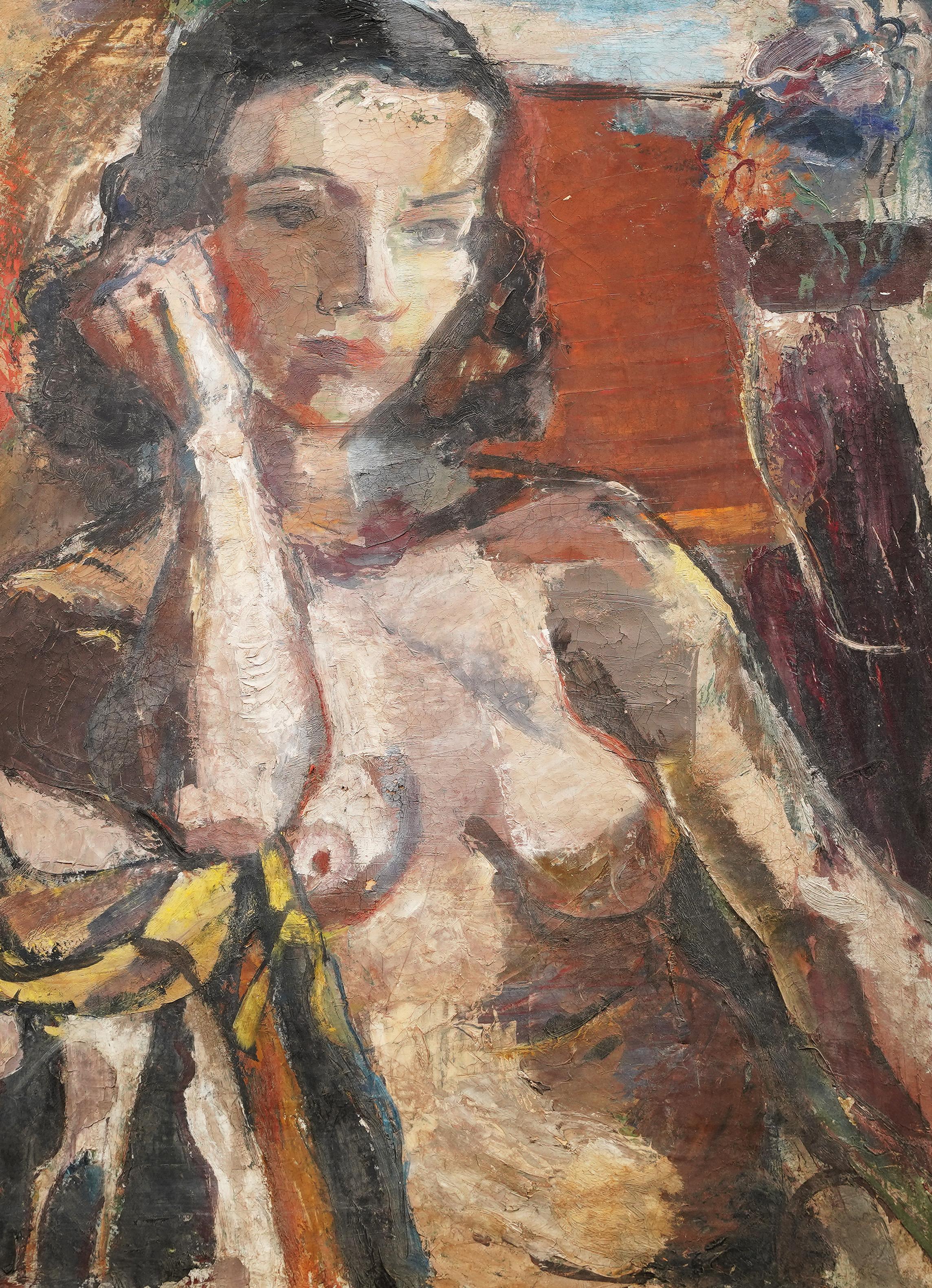 Antiguo óleo modernista americano de mujer desnuda.  Óleo sobre lienzo.  Firmado.  Enmarcado. 